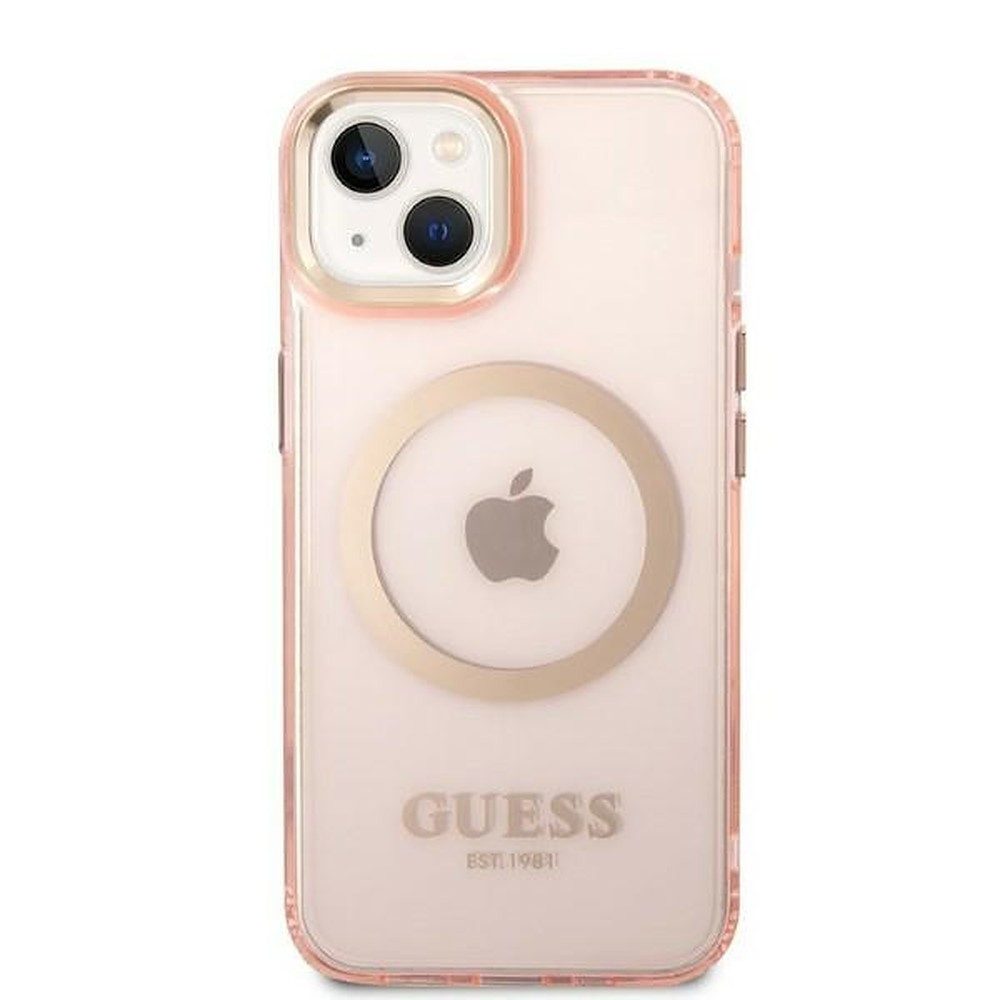 Guess Smartphone-Hülle Handyhülle Schutzhülle Rückschale 6,7 Zoll, MagSafe-kompatibel, transparent, Goldrahmen