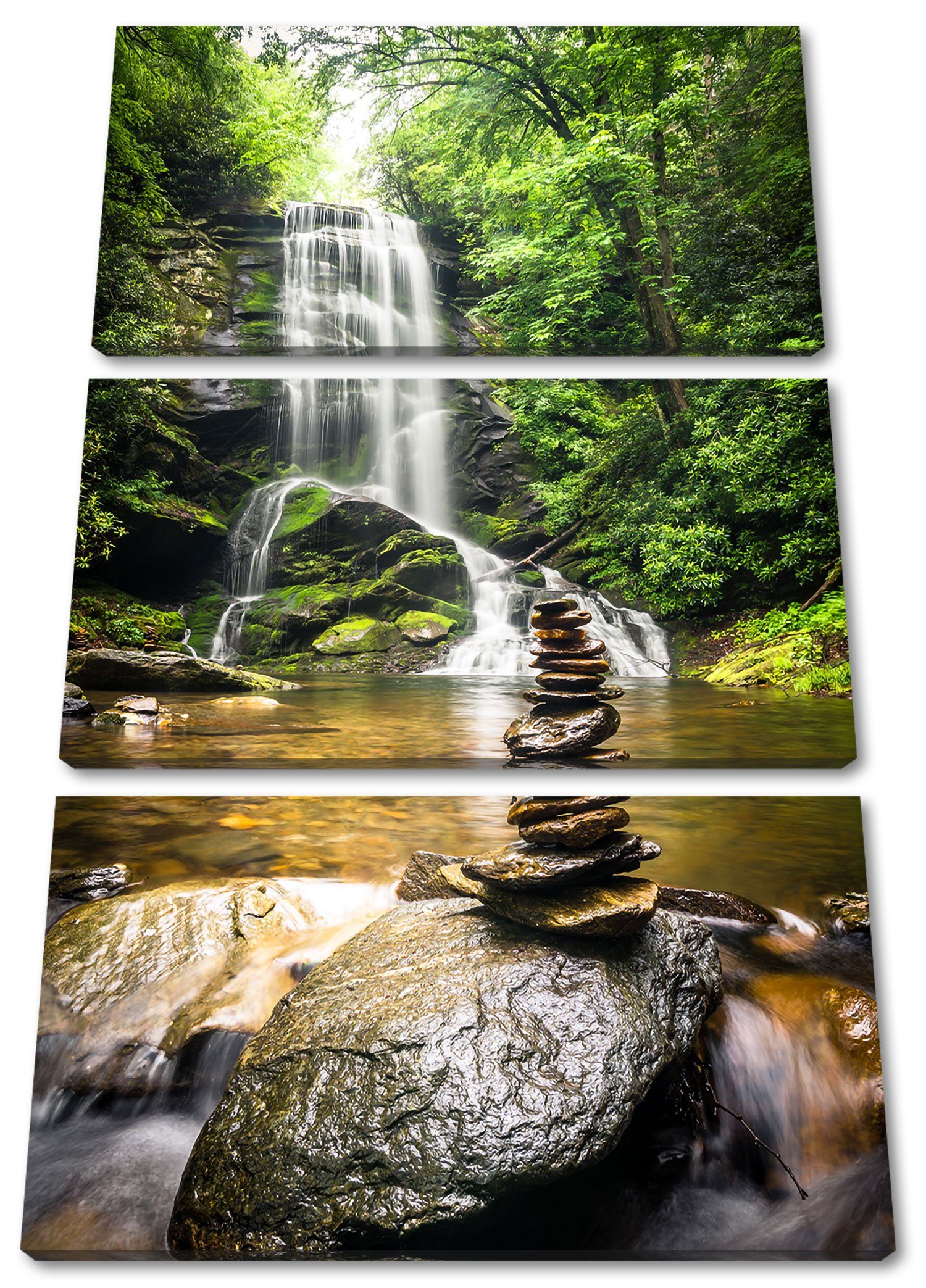 vor (1 Zen St), Steine fertig Leinwandbild bespannt, vor (120x80cm) Wasserfall Pixxprint Leinwandbild Zen Steine Wasserfall, Zackenaufhänger 3Teiler inkl.