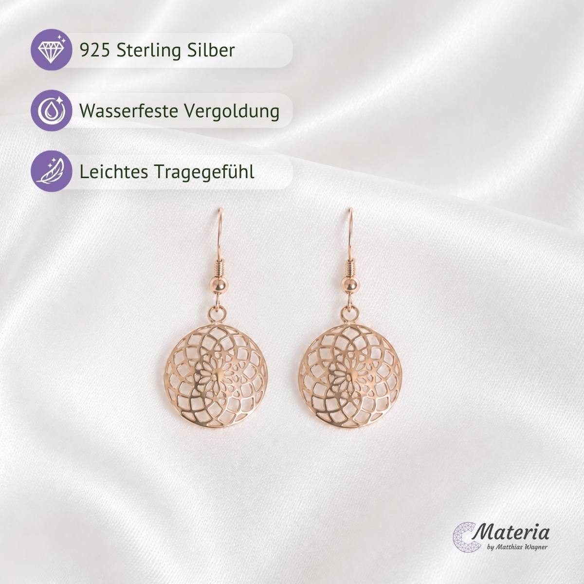 Materia Paar Ohrhänger Lebensblume / Blume des Lebens SO-451 Rose, 925 Sterling Silber, vergoldet