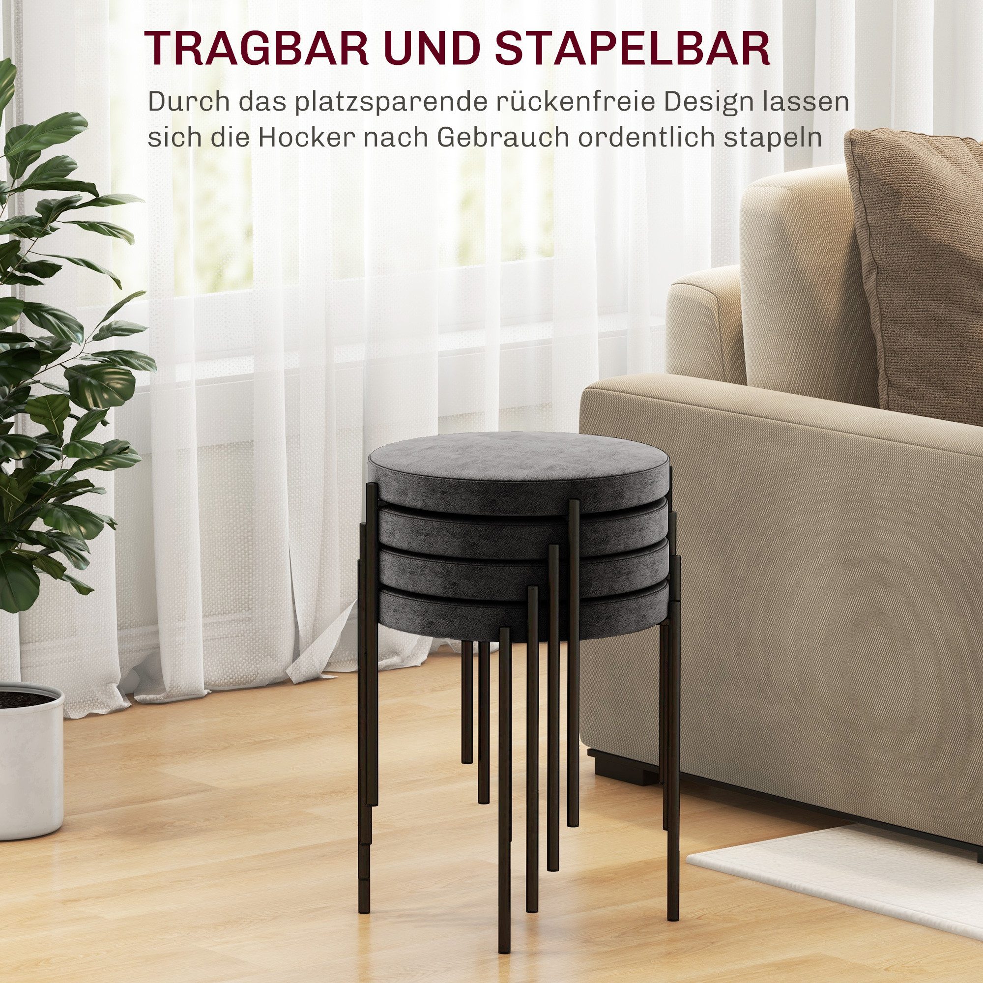 HOMCOM Esszimmerstuhl Stapelhocker Polsterhocker aus Metall Wohnzimmer (Hocker, 4 St), für Wohnzimmer, Esszimmer, Dunkelgrau – Bild 5 von 5