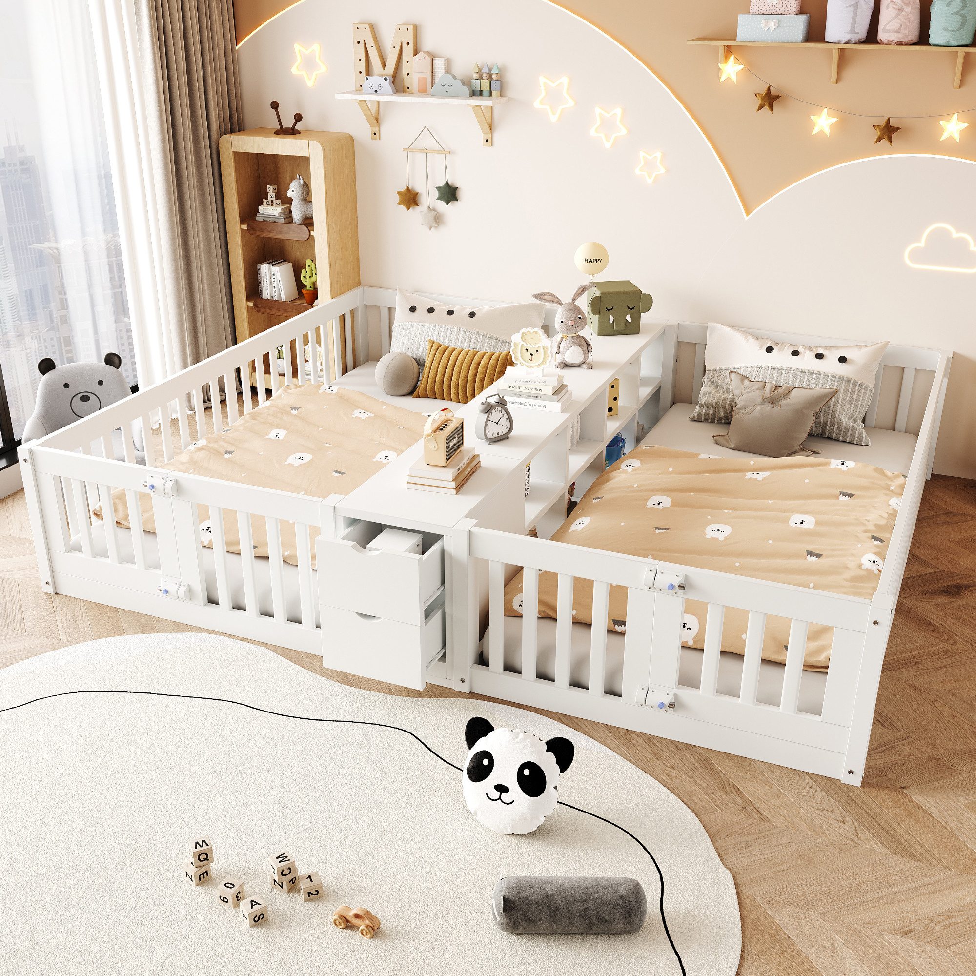 Flieks Kinderbett, Bodenbett Holzbett 90x200cm*2 mit Schubladen und Doppelstöckigem Regal