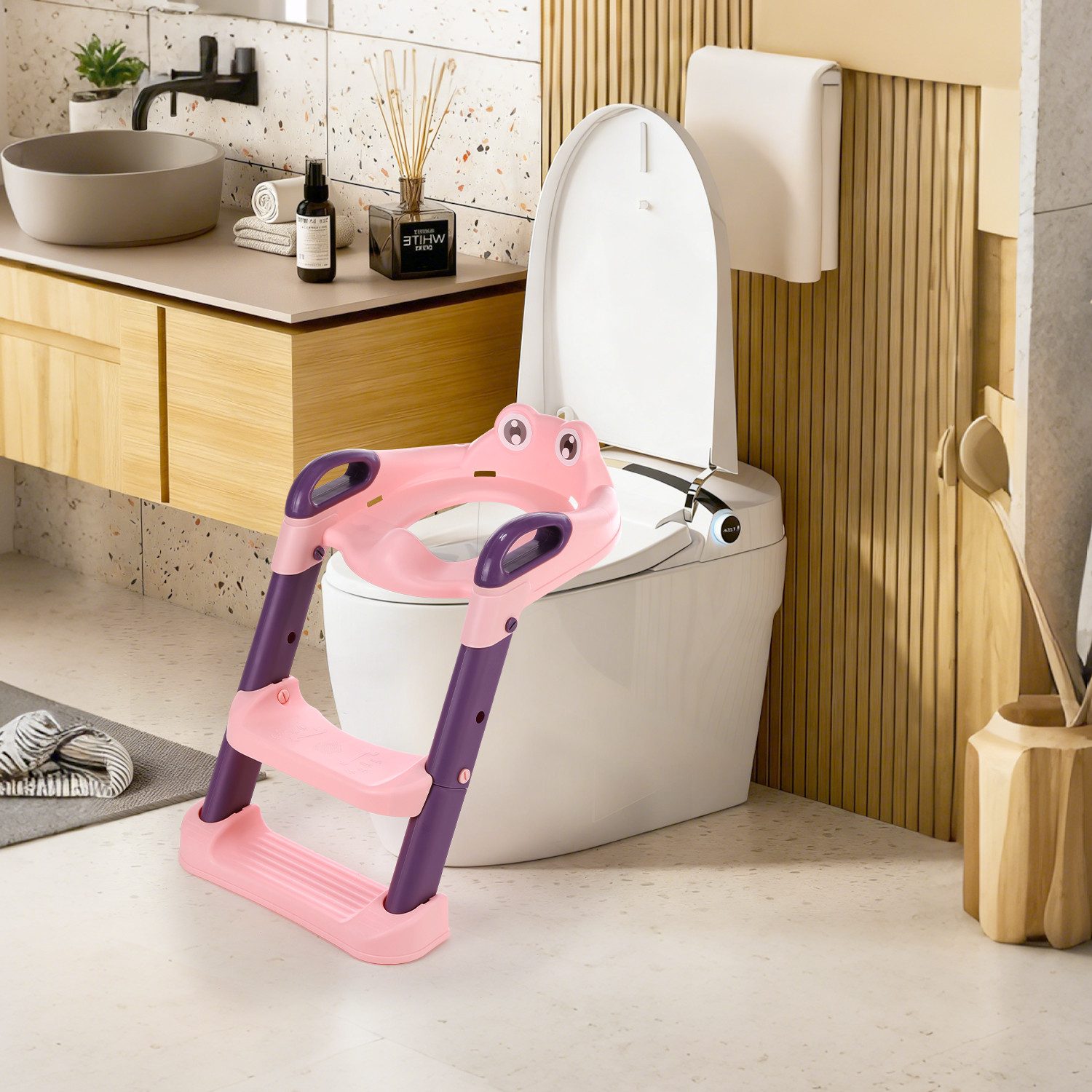 oyajia Toilettentrainer Höhenverstellbarer, faltbarer Kinder-WC-Sitz mit Treppe, Kinder-Toilettentrainer,rutschfest, ergonomisch,60x39.5x35cm