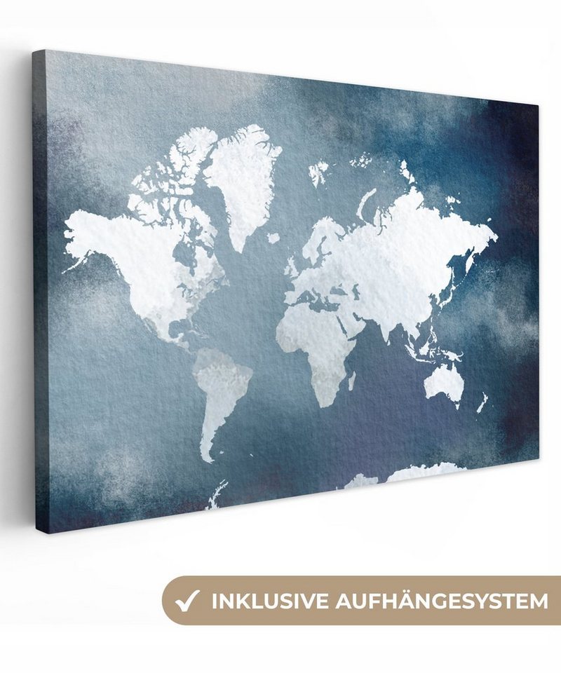 OneMillionCanvasses® Leinwandbild Weltkarte - Aquarell - Blau, (1 St),  Wandbild Leinwandbilder, Aufhängefertig, Wanddeko, 30x20 cm