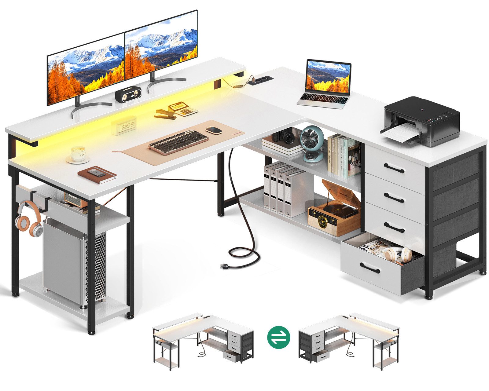 ODK Eckschreibtisch mit Schubladen und Steckdosen, 155×110cm, Weiß