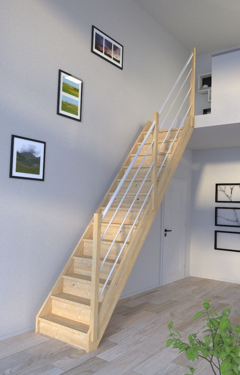 Starwood Raumspartreppe Holztreppe Korfu gerade-Holz-Edelstahl Geländer weiß-rechts-mit
