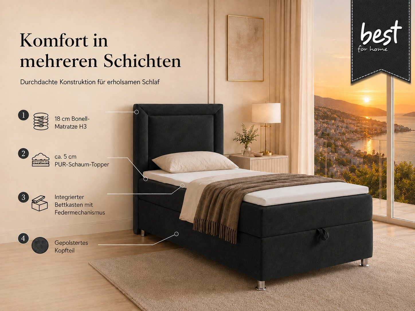 Best for Home Boxspringbett Trinity K-3 SINGLE mit Bettkasten & ca. 5 cm Topper (Einzelbett, Polsterbett mit gepolstertes Kopfteil, Jugendbett, Kinderbett versch. Größen, 3-St., 70x200 80x200 90x200 100x200 cm), Einzel-Boxspringbett mit integriertem Bettkasten