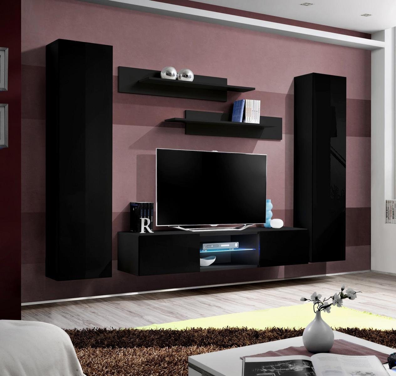 JVmoebel Wohnzimmer-Set Wohnzimmer Komplett Wohnwand Wandschrank TV-Ständer Holz, (6-St., 1x Wohnwand + 1x TV Ständer + 2x Wandschrank + 2x Wandregal), Made in Europa