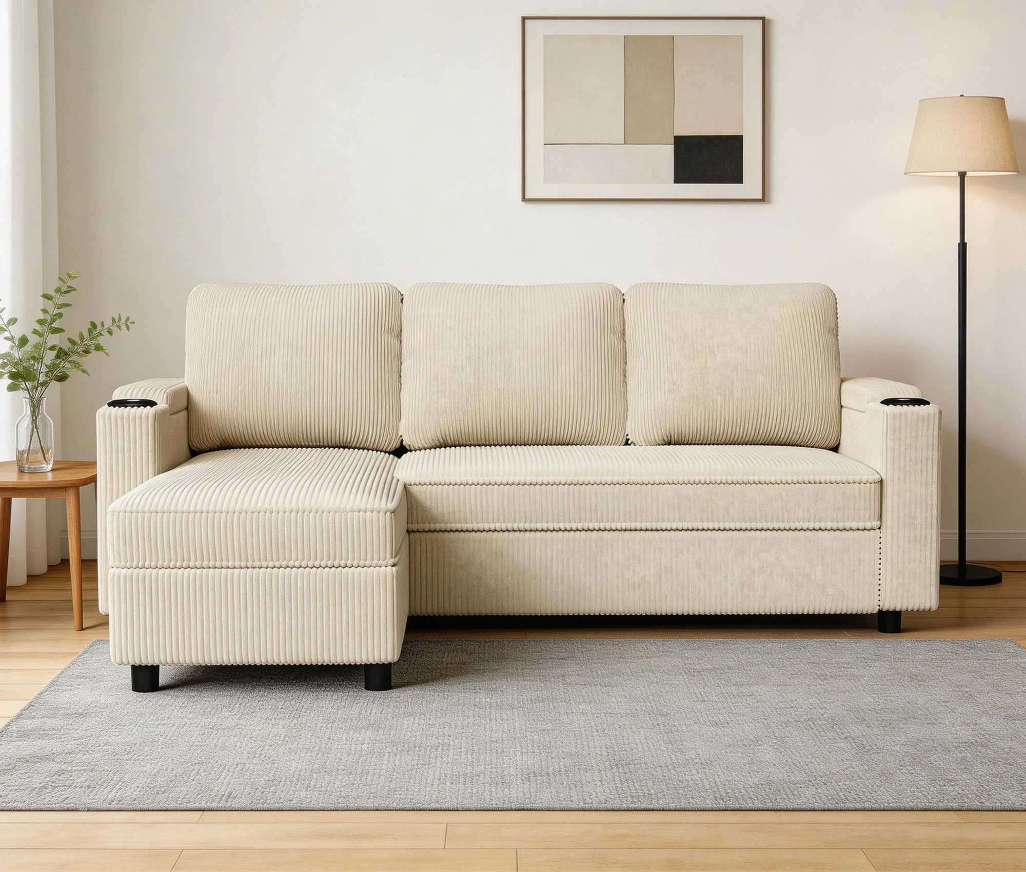 HOMALL Ecksofa 3-Sitzer L-Form Schlafsofa, mit Edler Cord-Stoff,Bettfunktion und Bettkasten