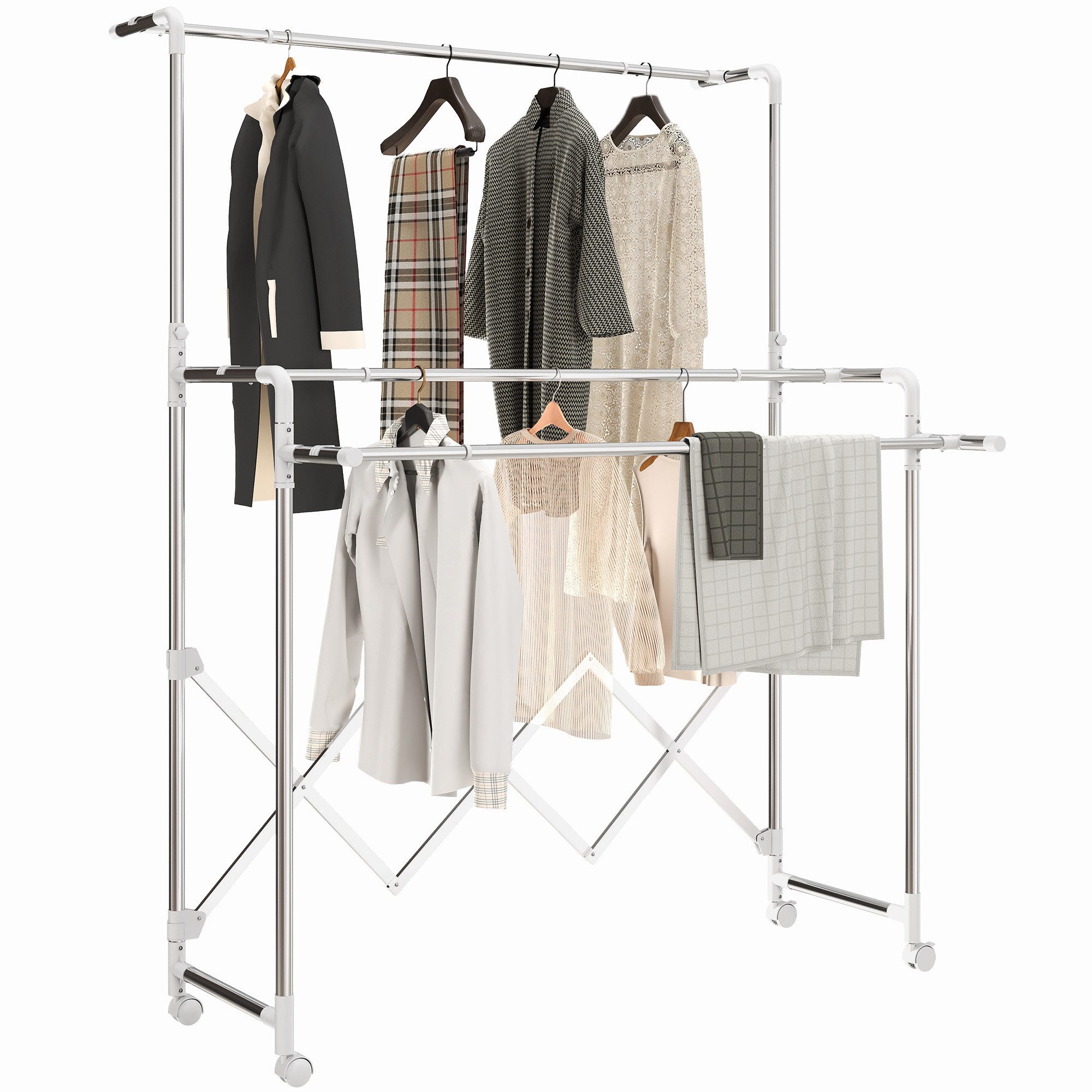 HOMCOM Wäscheständer Edelstahl Turmwäscheständer auf Rollen, mit 3 verstellbaren Stangen, für Lange Kleidungsstücke, für Wohnung, 104-150x103x145-197cm, Silber
