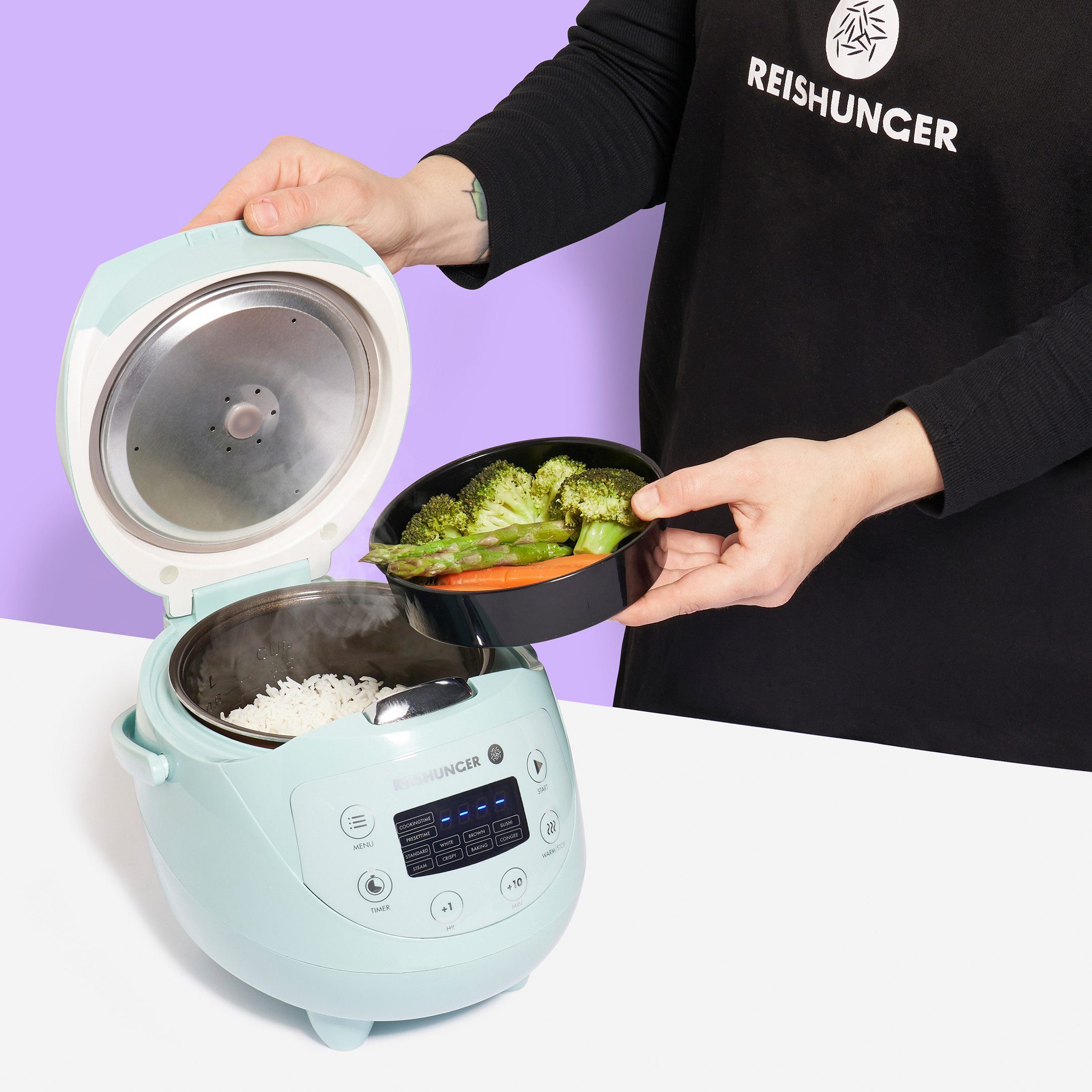 Reishunger Reiskocher - Digitaler Mini Reiskocher, 350 W, Dämpfeinsatz, Messbecher, Reislöffel, Timer- und Warmhaltefunktion