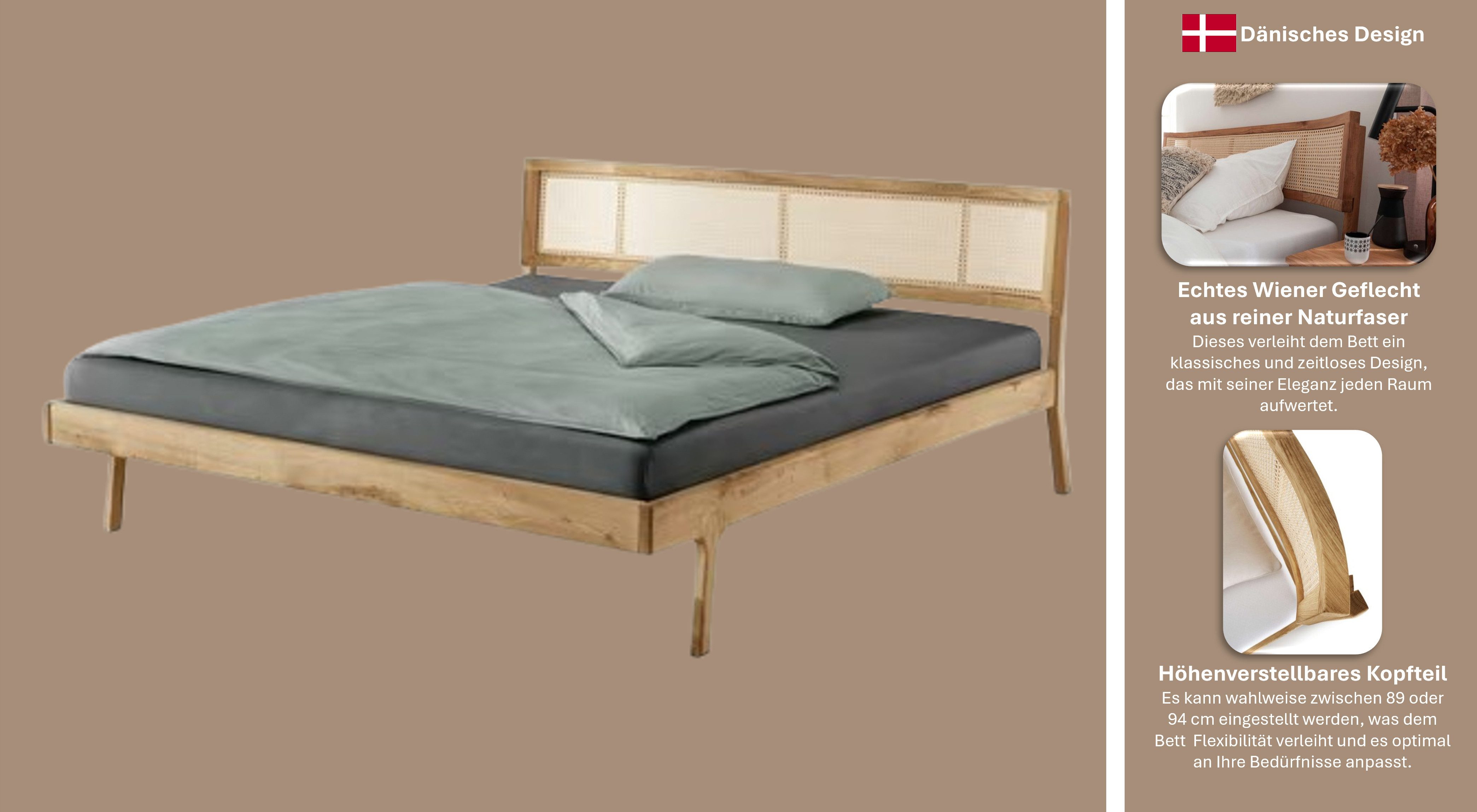 OTTO home Massivholzbett Hällevik, Kopfteil höhenverstellbar, Eiche massiv, mit Wiener Geflecht (mehrere Breiten), skandinavischer Stil, Made in EU, FSC®-zertif – Bild 4 von 5