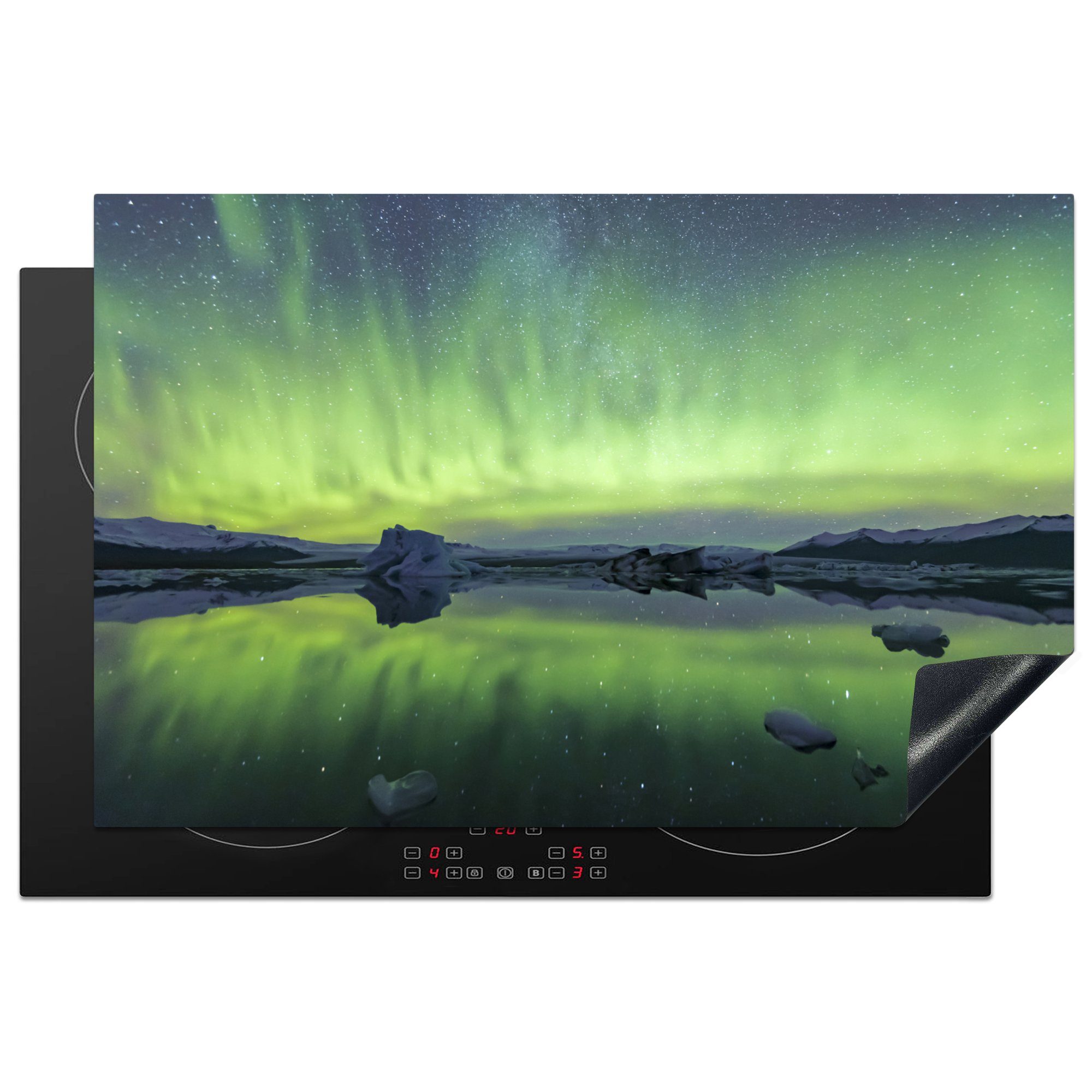 MuchoWow Herdblende-/Abdeckplatte Nordlichter - Grün - Reflexion, Vinyl, (1 tlg), 81x52 cm, Induktionskochfeld Schutz für die küche, Ceranfeldabdeckung