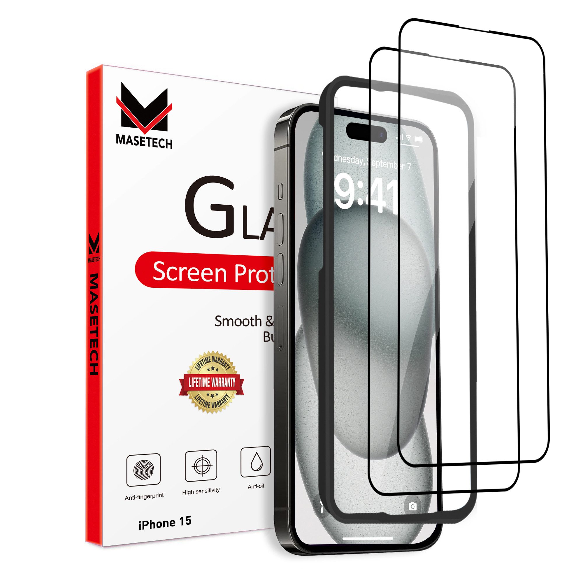 MASETECH Displayschutzfolie iPhone 15 Schutzglas Anti Fingerprint Blasenfrei Klar Kratzfest für Apple iPhone 15, 2er Set, Apple iPhone 15, Kratzfest, Anti-Fingerprint, 2 Stück, Klar