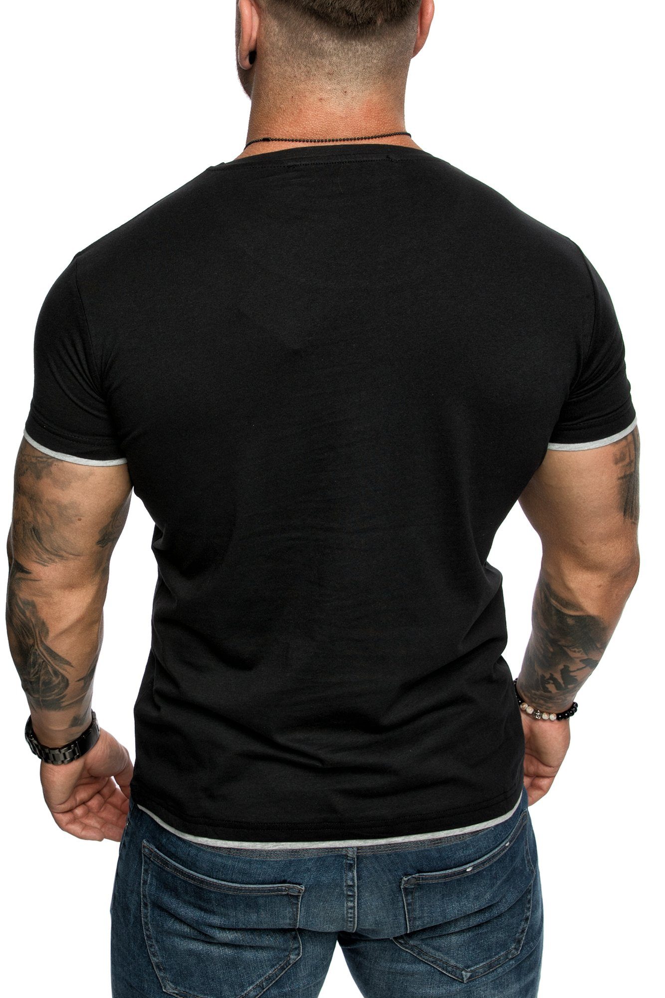 Farbig T-Shirt Slim-Fit Basic Herren Schwarz/Grau Amaci&Sons LAKEWOOD Doppel Shirt mit Rundhalsausschnitt
