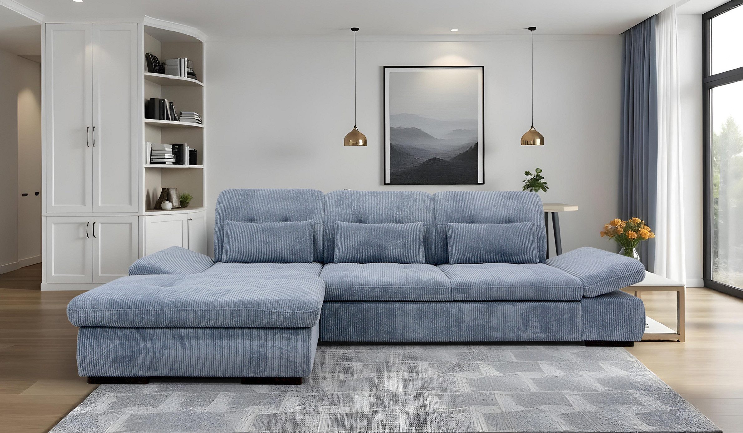 Hygger Möbelhaus Ecksofa Oregon L-Form XXL, Multifunktionale Polsterecke 320 x 200 cm, Wahlweise mit Bettfunktion und Bettkasten, Verstellbare Kopfstützen und Armlehnen, Rahmen mit Metallprofil Verstärkt, Hergestellt in Europa