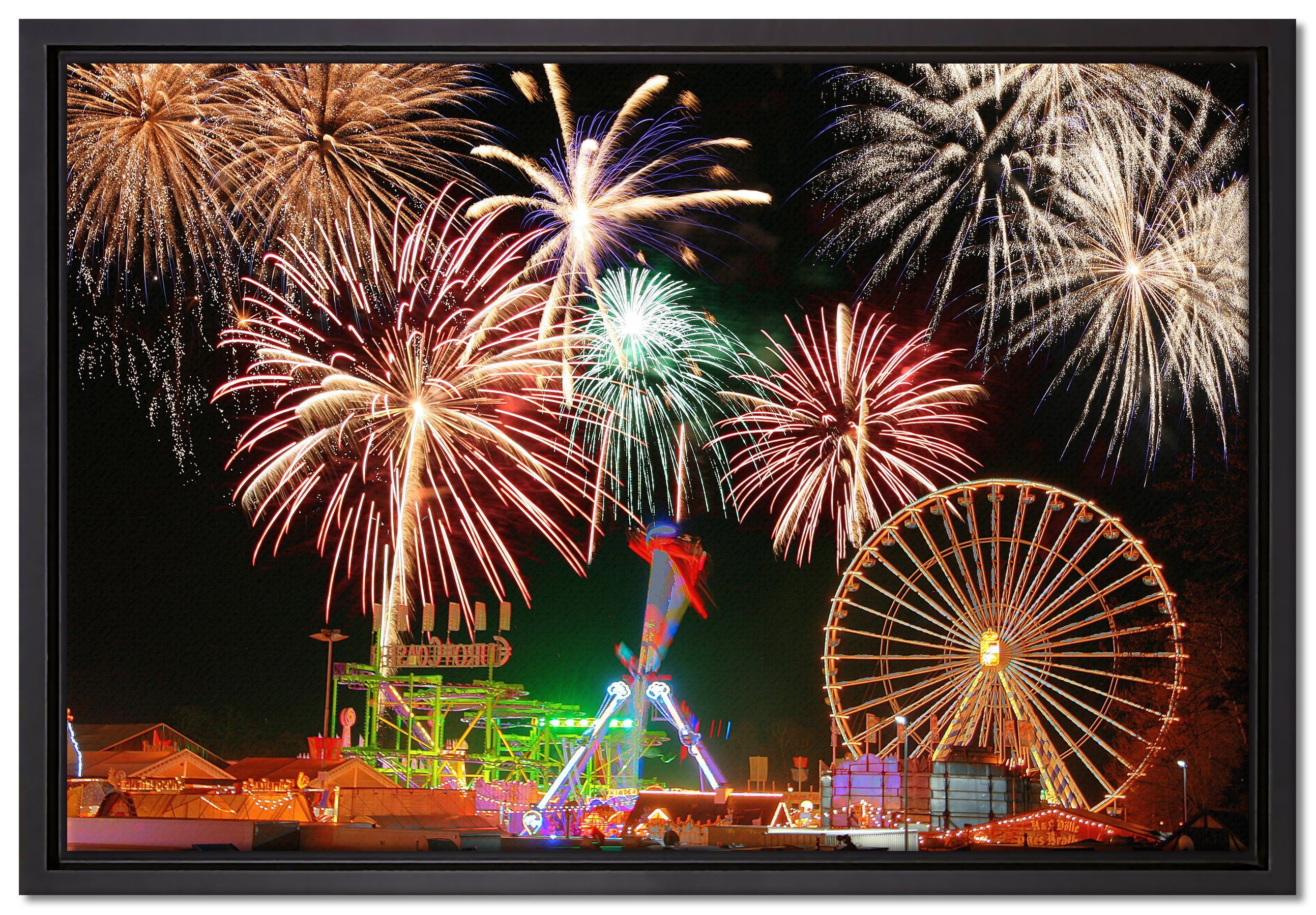 Pixxprint Leinwandbild Silvester Riesenrad Feuerwerk, Wanddekoration (1  St), Leinwandbild fertig bespannt, in einem Schattenfugen-Bilderrahmen  gefasst, inkl. Zackenaufhänger