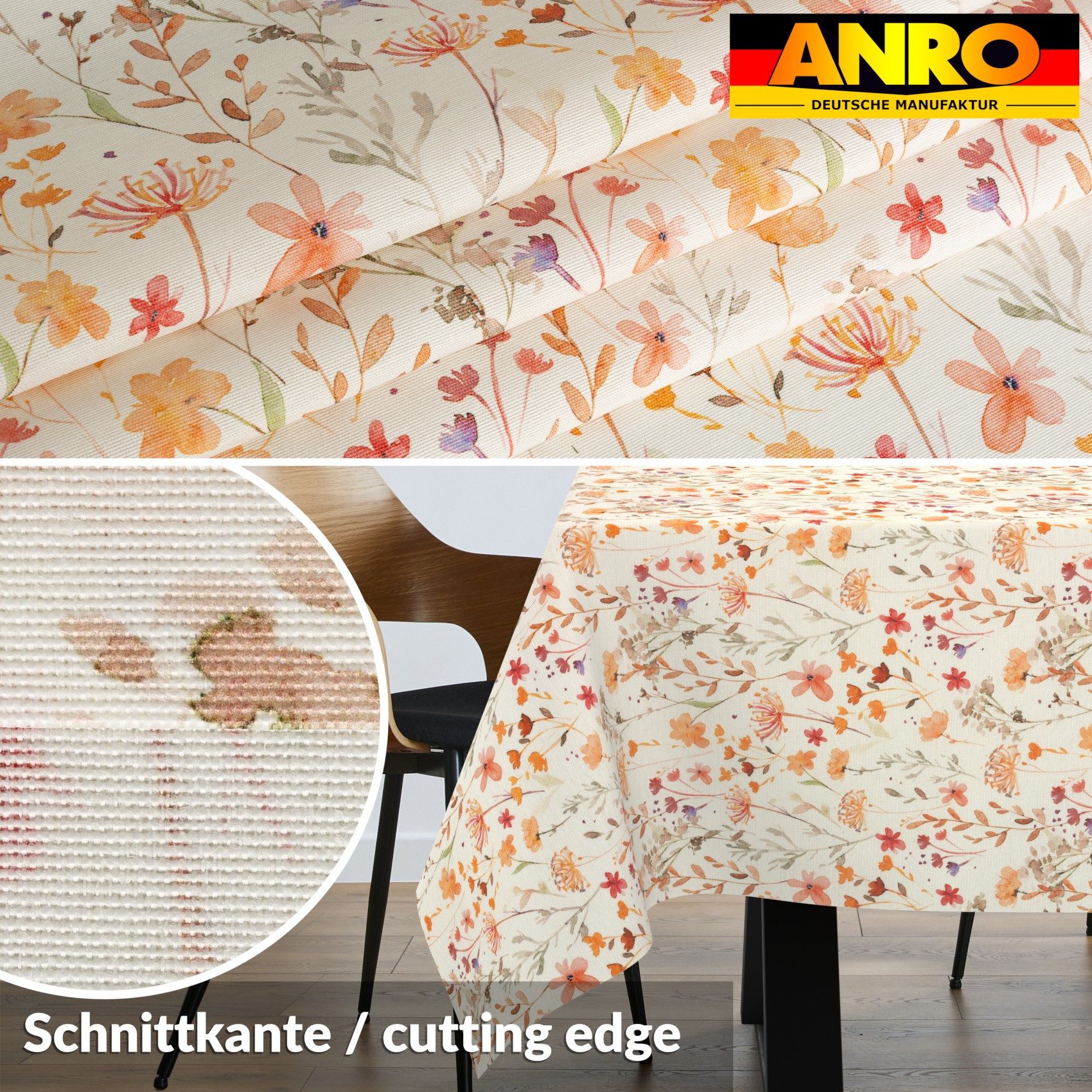 ANRO Tischdecke abwaschbar LANA Alessia-Wildblumen (Einzelstück 1-tlg), wasserabweisend Alessia-Wildblumen Orange-Beige 100x140cm