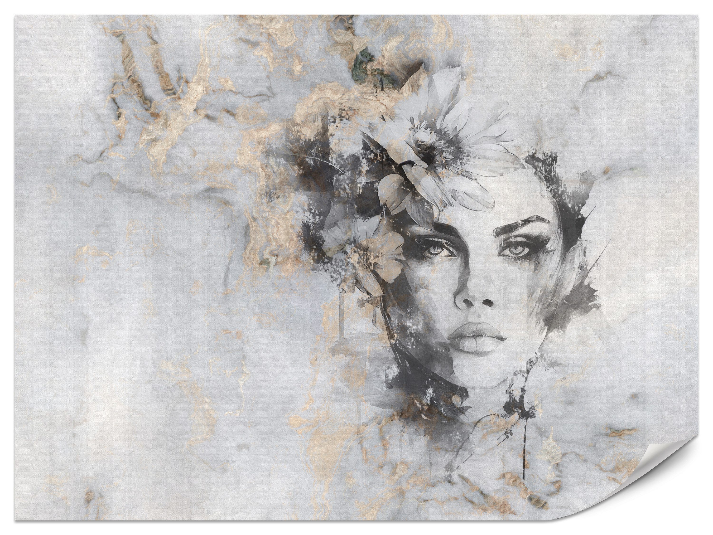 Muralo Fototapete Vliestapete - Abstraktes Frauenporträt mit Blumen, Glatt, Grafisch, (Packung, 1 St., 100x70 cm), Kleber im Set, 3D-Optik, Ins Schlafzimmer
