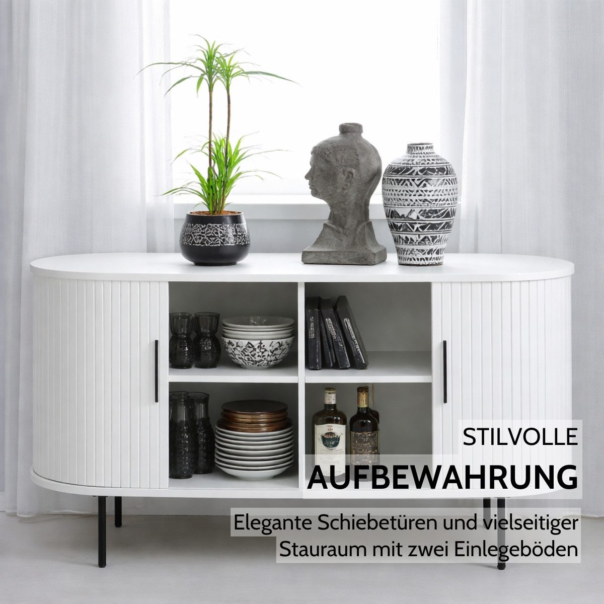 Liadomo Sideboard Uriel, Kommode, Stauraummöbel, 140 oder 180 cm Breite, Furnier in Echtholz, Schiebetüren, Lamellen-Optik, vier Farben