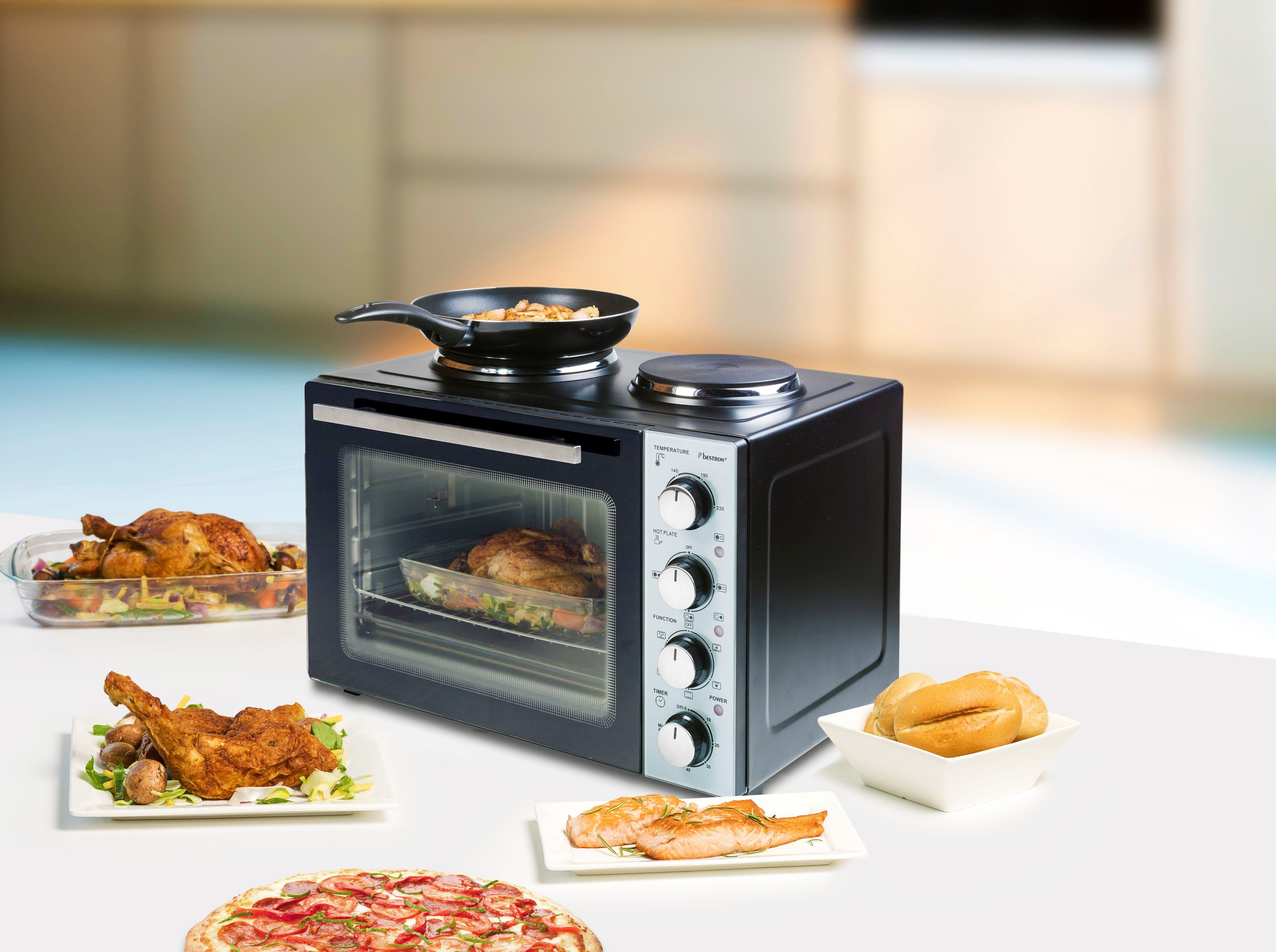 AOV31CP mit Kleinküche Watt, & Doppelkochplatte, Crispy Schwarz Co, und bestron Ofen 3200