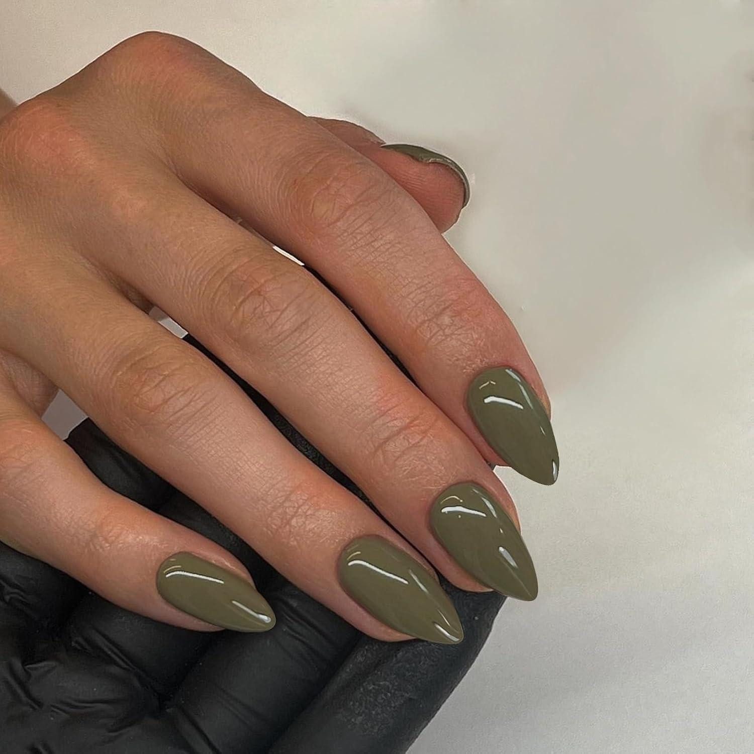 LuxusKollektion Kunstfingernägel Kunstnägel Press On Kurz Mandel Acryl Gel Cover 30 Oliv Grün