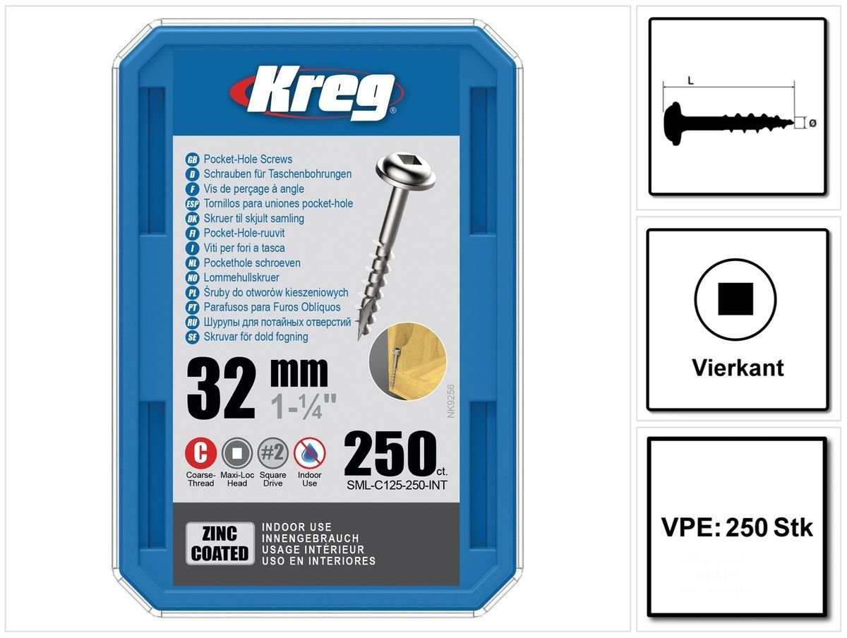 Linsenkopfschraube mm Stk Schraube Kreg Pocket-Hole 32 Vierkan (SML-C125-250) 250