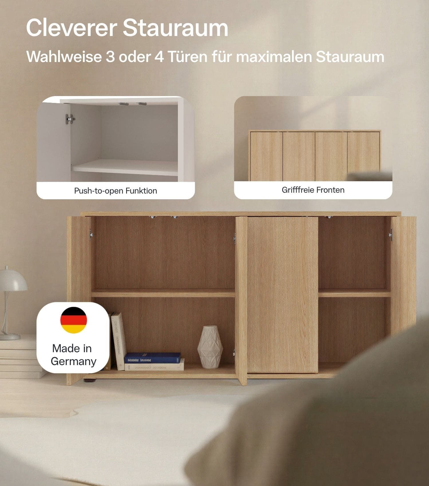 mokebo Sideboard 'Horizon' Holz Kommode Push-to-Open Türen Schrank (73x136 cm, mit Einlegeböden), Made in Germany, Kommode, Beistellschrank, Anrichte in Eiche – Bild 3 von 5
