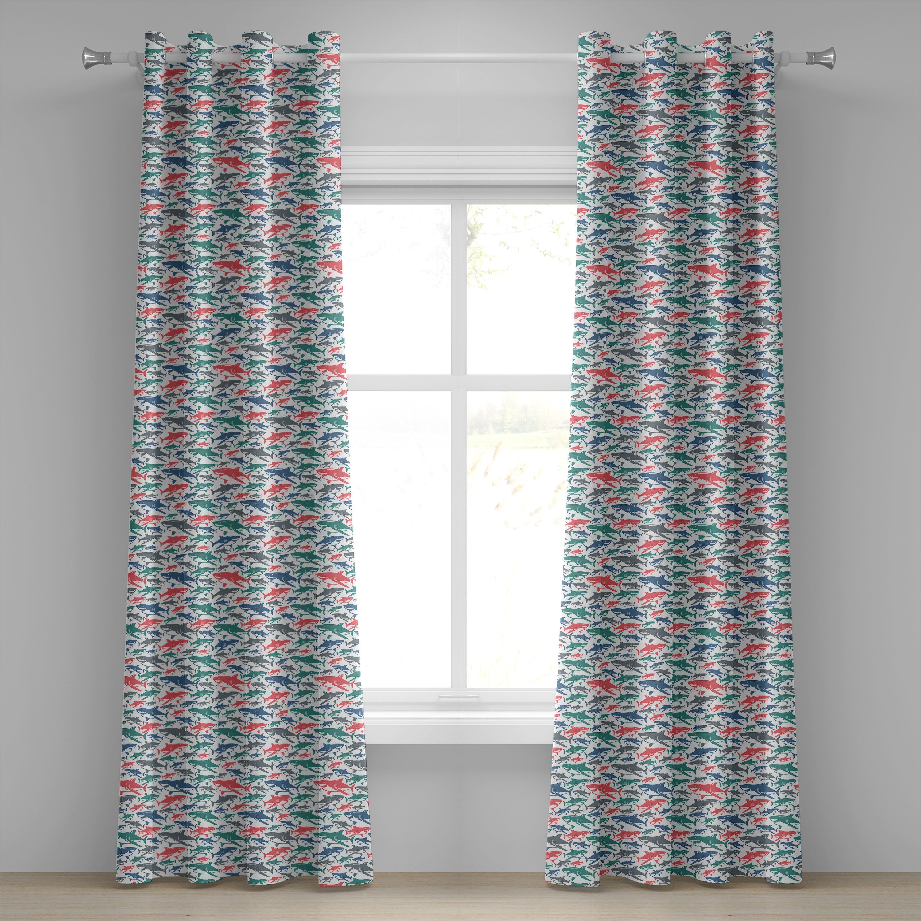 Bunte für Abakuhaus, Shark Wohnzimmer, Patterns Dekorative Gardine Fisch 2-Panel-Fenstervorhänge Schlafzimmer