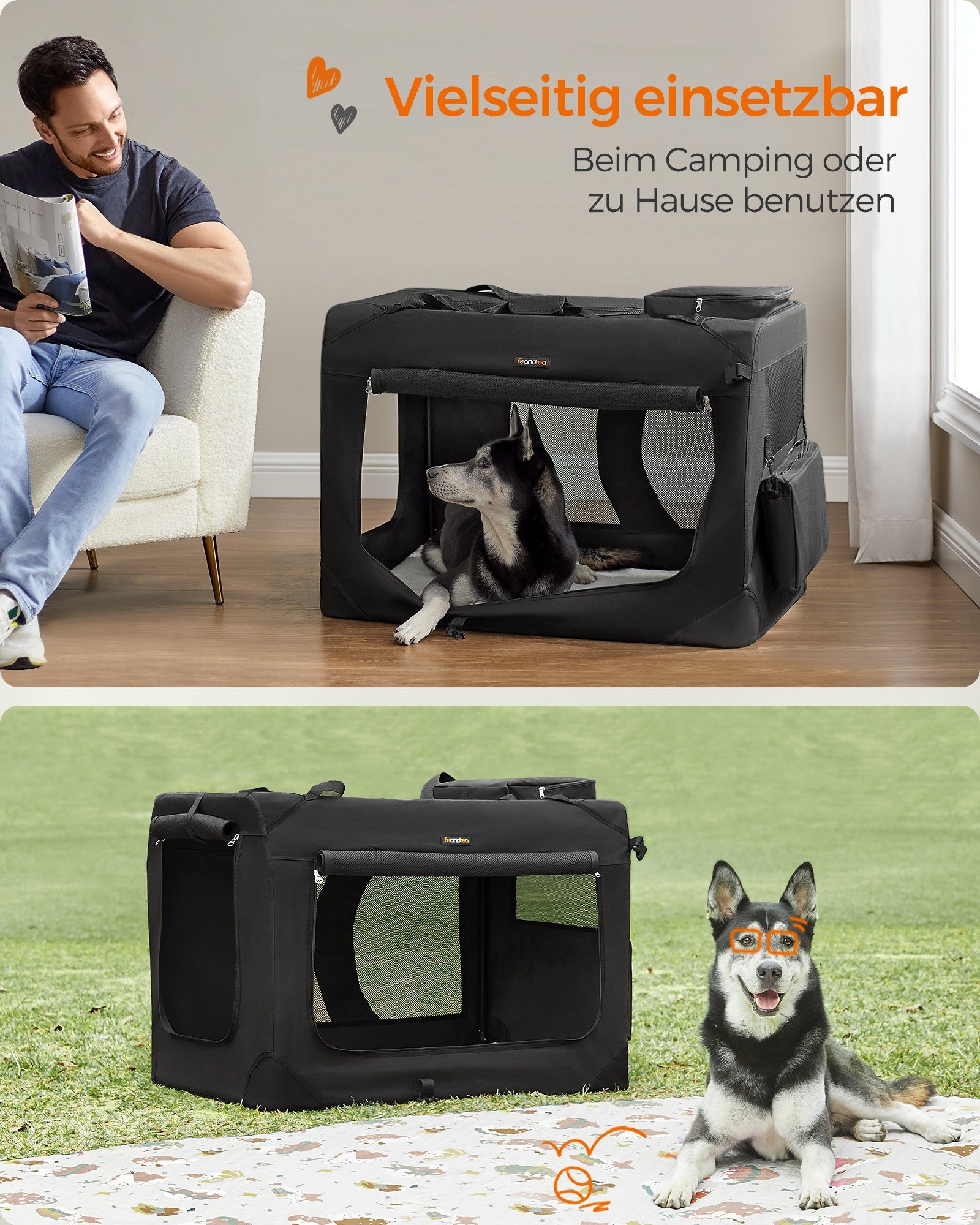 FEANDREA Tiertransporttasche Hundebox faltbar, Transportbox Hund, Hundetasche, mit Griffen, Taschen bis 42,00 kg, XXXL, Oxford-Gewebe, Netzstoff, Metallrahmen, 102 x 69 x 69 cm,schwarz