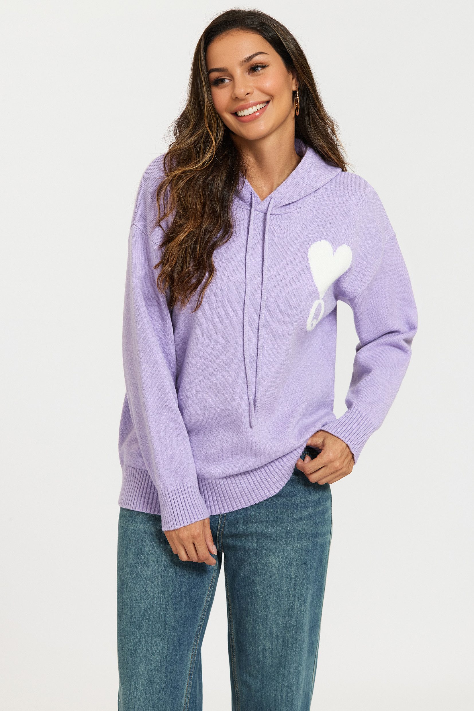 FS Collection Kapuzenpullover Damen Kapuzenpullover Strickpullover Hoodie Herzmotiv Langarm 56% Viskose, 26% Polyester, 18% Wolle, Herzmotiv