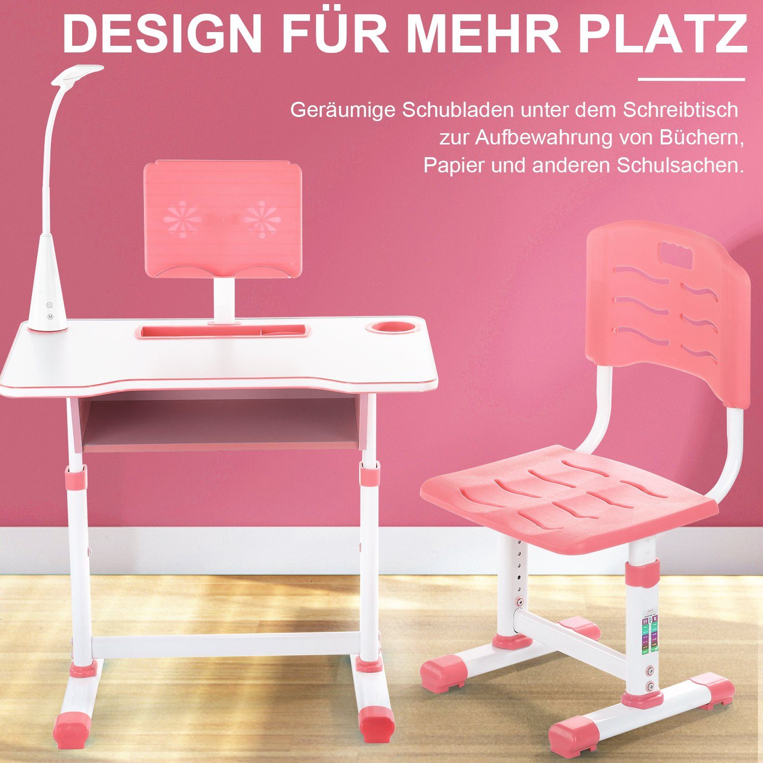 WILGOON Kinderschreibtisch Jugendschreibtisch mit Lampe, höhenverstellbar, mit Stuhl & Schublade (Set, Kids Schreibtisch und Stuhlset mit Lampe & Schublade), Schülerschreibtisch Set, Kinder Schreibtisch für Jungs & Mädchen