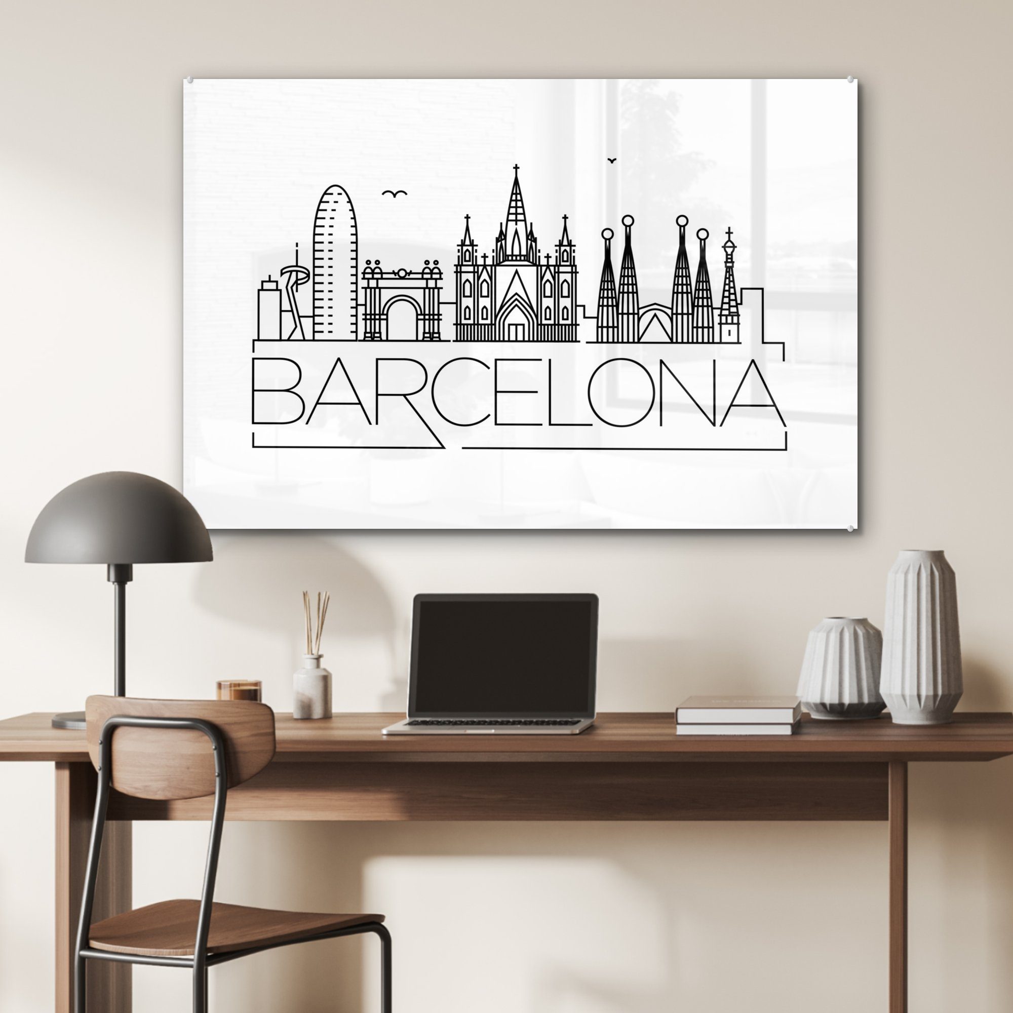 MuchoWow & Wohnzimmer Skyline St), (1 weiß, Acrylglasbild auf Acrylglasbilder Schlafzimmer "Barcelona" schwarz