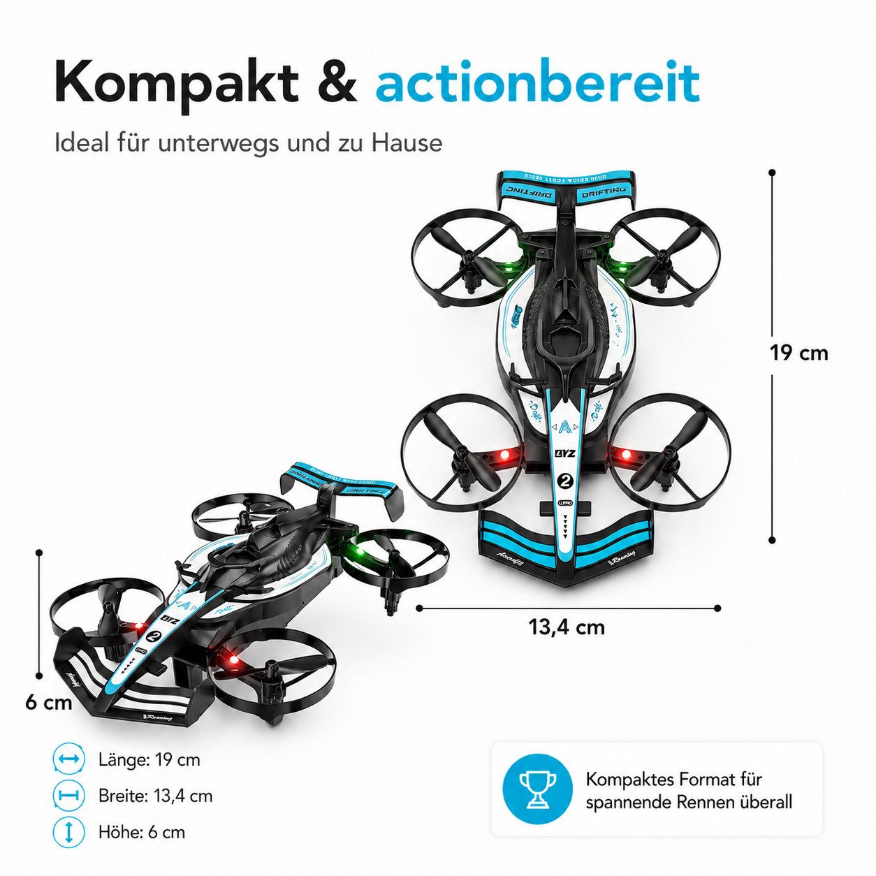 Goldstern-Tech RC-Quadrocopter (RC Flugauto Rennauto, 2-in-1 Drohnenauto mit Driftfunktion), LED-Licht, Headless Mode, Ein-Tasten-Start & USB-Akku