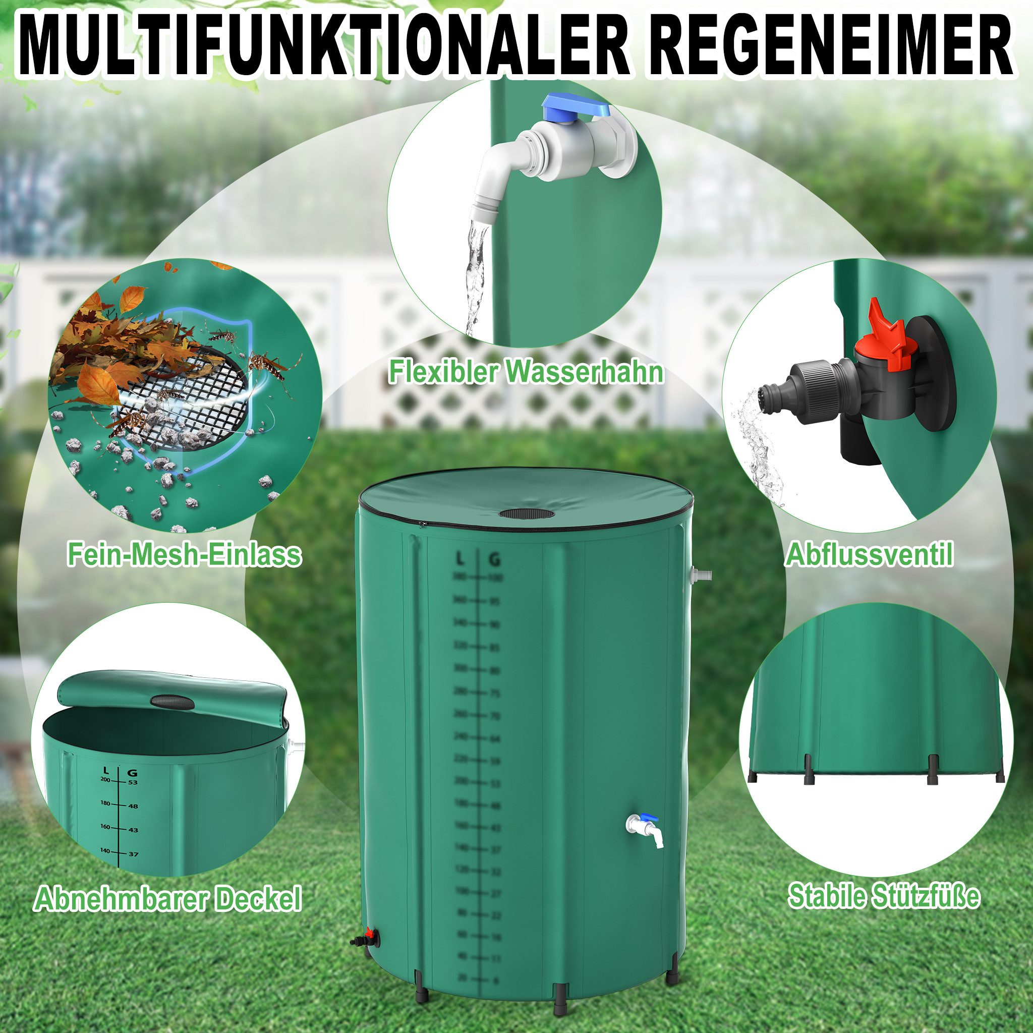 FIVMEN Regentonne Faltbare Regenwassertonne 500 L Regenwassertank Wassertank Regenfass, 500 l, Wasserauffangbehälter mit Wasserhahn, Skala, Ablauf von Regenwasser