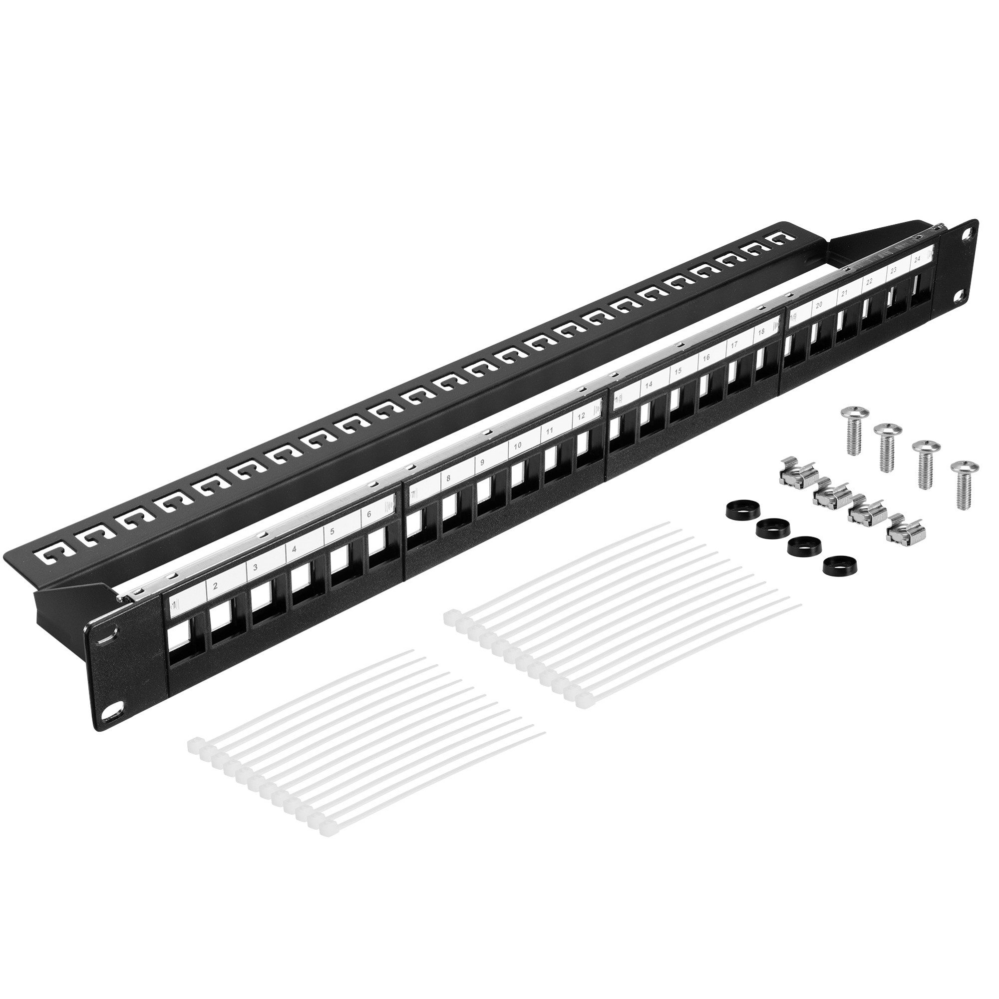 kwmobile Schutz-Set Patchfeld - Inklusive M6 Käfigmuttern-Set und 24x Kabelbinder, Patchpanel 24 Port - Keystone Patchpanel 19 Zoll - Patch Panel schwarz