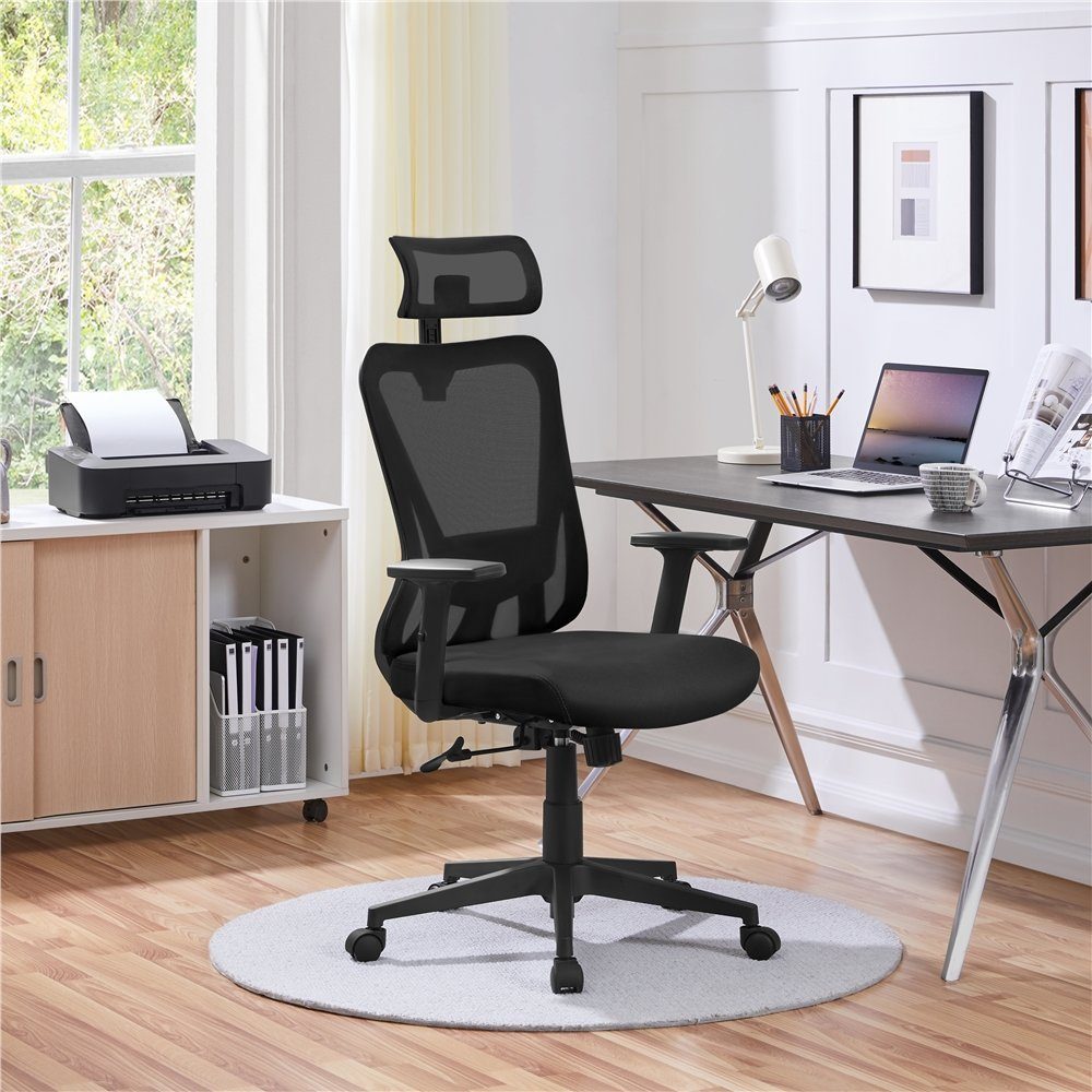 Yaheetech Drehstuhl, Schreibtischstuhl mit Verstellbarer Kopfstütze, Höhenverstellbar schwarz