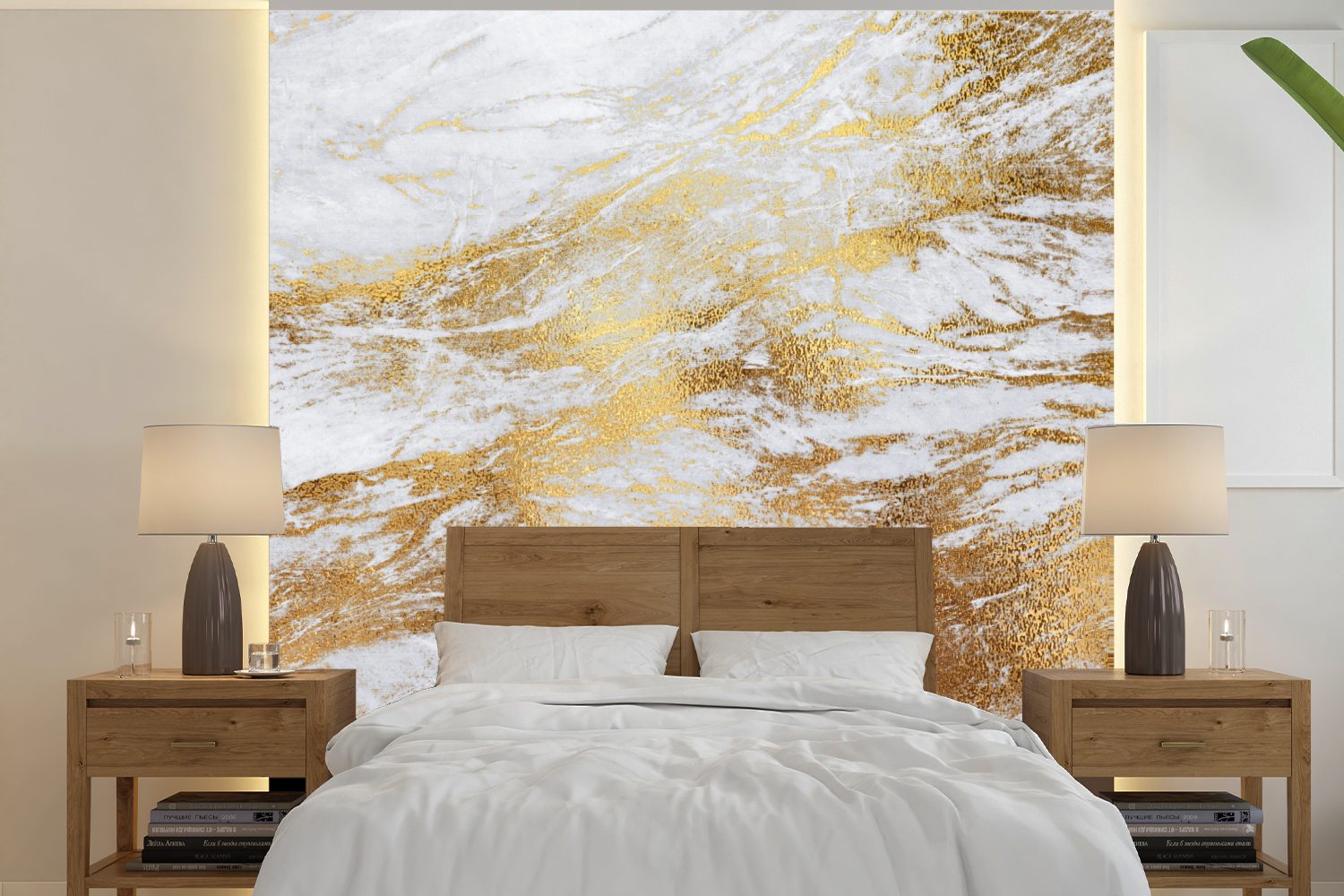 MuchoWow Fototapete Marmor - Muster - Gold - Weiß, Matt, bedruckt, (5 St), Vinyl Tapete für Wohnzimmer oder Schlafzimmer, Wandtapete