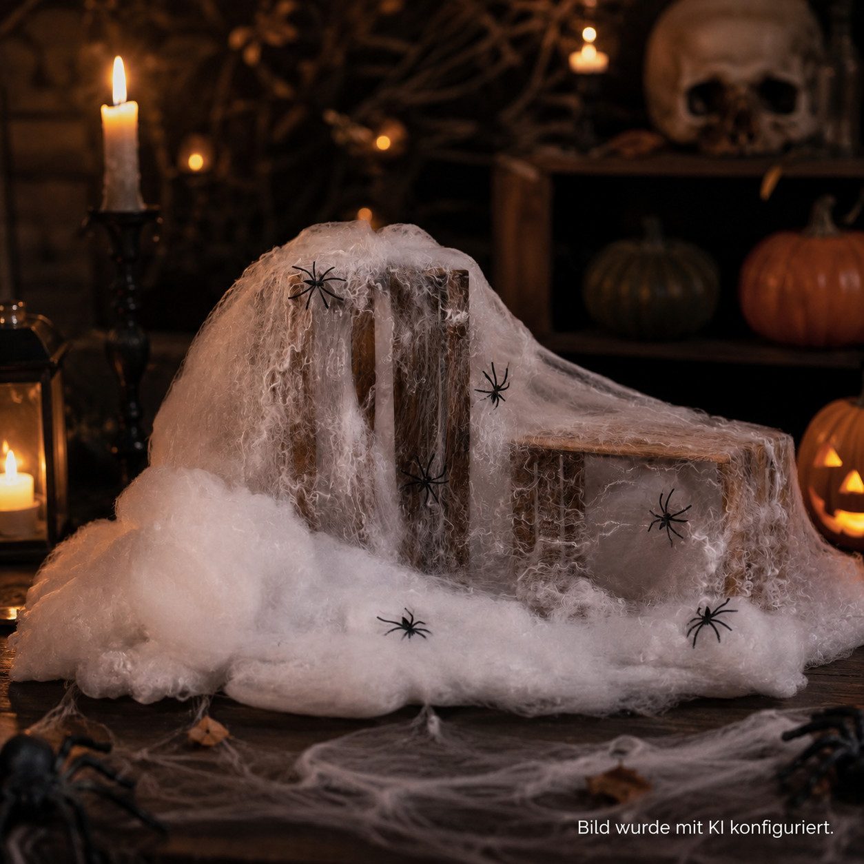 XiRRiX Hängedekoration Deko Spinnennetz mit 6 Kunststoff Spinnen (Fensterdeko, Tischdeko), Gruselige Halloween Horror Dekoration
