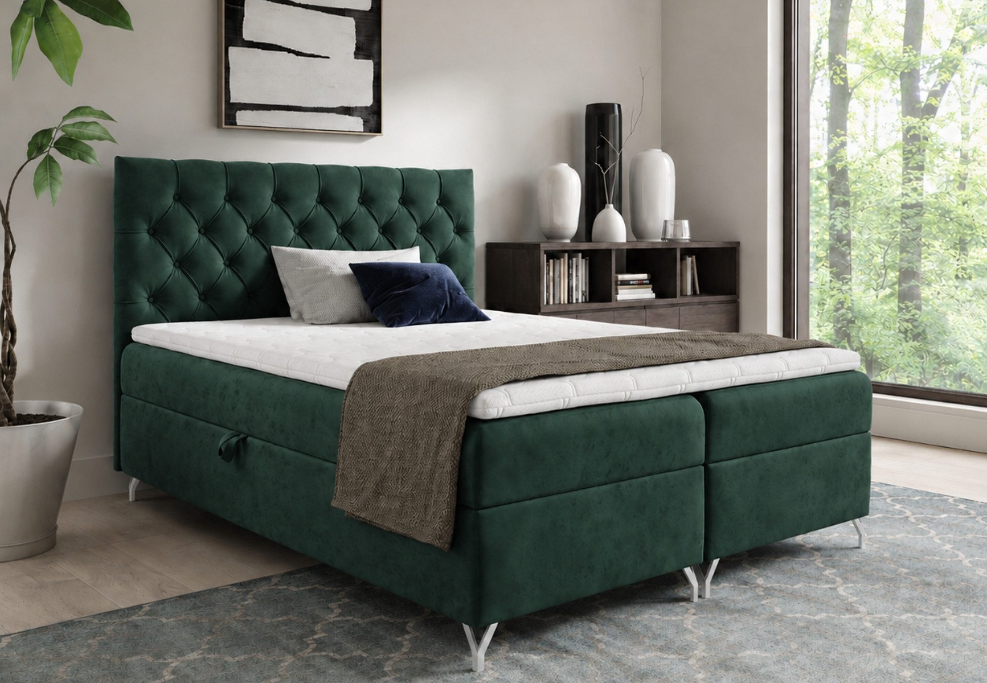 Home Collective Boxspringbett Bett Doppelbett mit Bettkasten Polsterbett Stauraum Samtstoff (Größen 120x200, 140x200, 160x200, 180x200, 200x200 cm), Bonell-Federkern und Topper, Metallfüße Grün