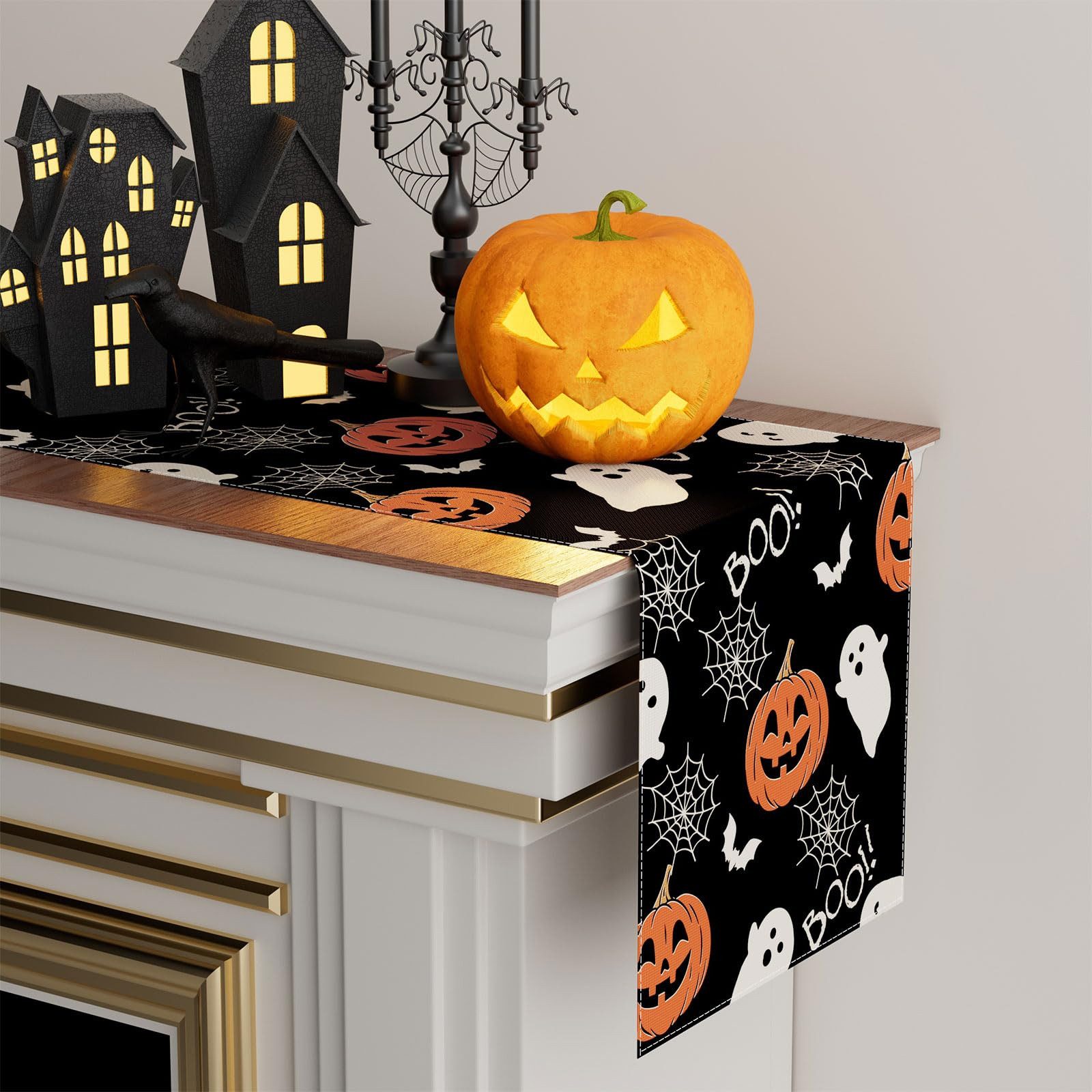 Bomiclss Tischläufer Halloween Tischläufer Leinen,Geister-Kürbis-Tischläufer, 33 × 183 cm, Tischdekoration für Zuhause, Küche, Esszimmer, Dinner, Innenbereich
