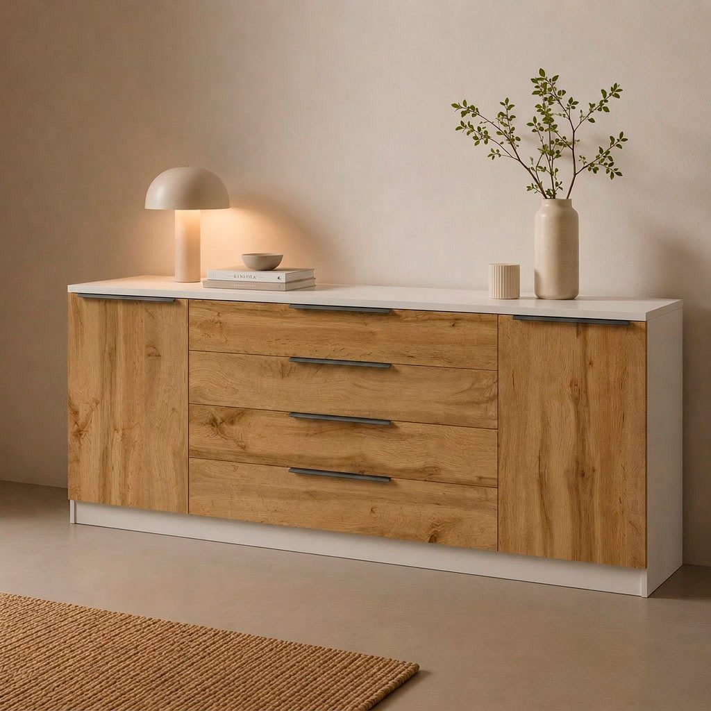 borchardt Möbel Sideboard Tom, moderne Kommode mit Metallgriffen, 200cm breit, 2 Türen, 3 Schubfächer, Metallgriffe anthrazit