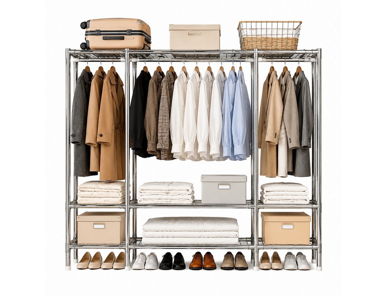 ibettertec Stoffschrank Stoffkleiderschrank Kleiderschrank mit Metallgestell 170 x 165 x 45 cm (Grau,mit Überzug aus Vliesstoff,Praktische Möbel) Tragbarer Kleiderschrank mit Reißverschluss und Kleiderstange