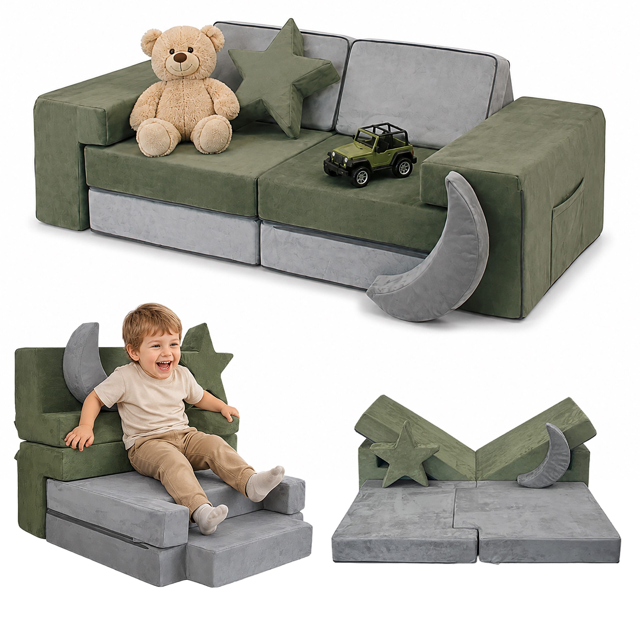 relaxdays Kindersofa 10-tlg. Kinder Spielsofa modular, 10 Teile, grün