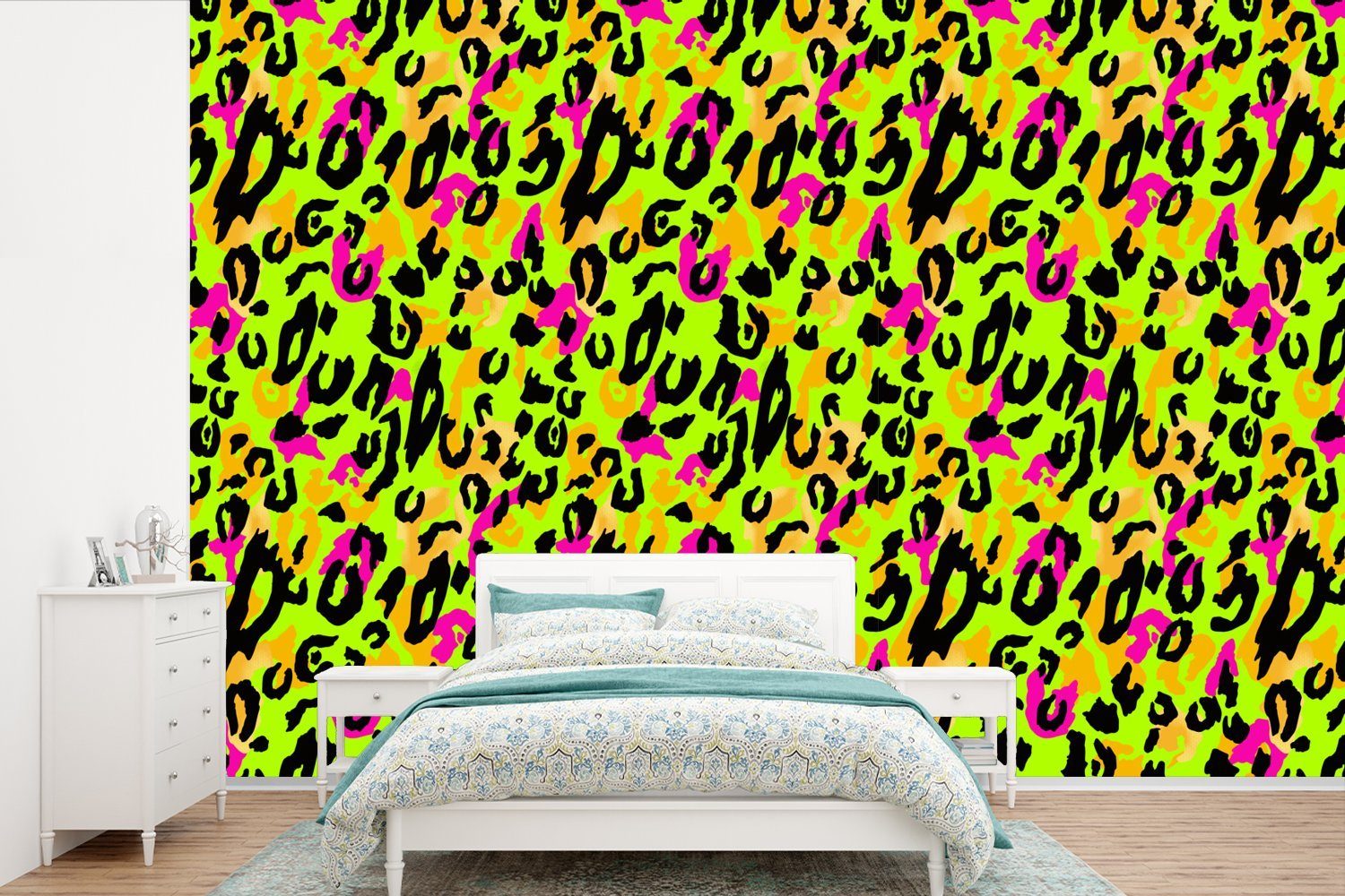 - Fototapete Neon für Schlafzimmer, MuchoWow Wallpaper - Tiermuster - Tapete Muster Wohnzimmer, Gelb, Matt, Kinderzimmer, bedruckt, Vinyl (6 St),