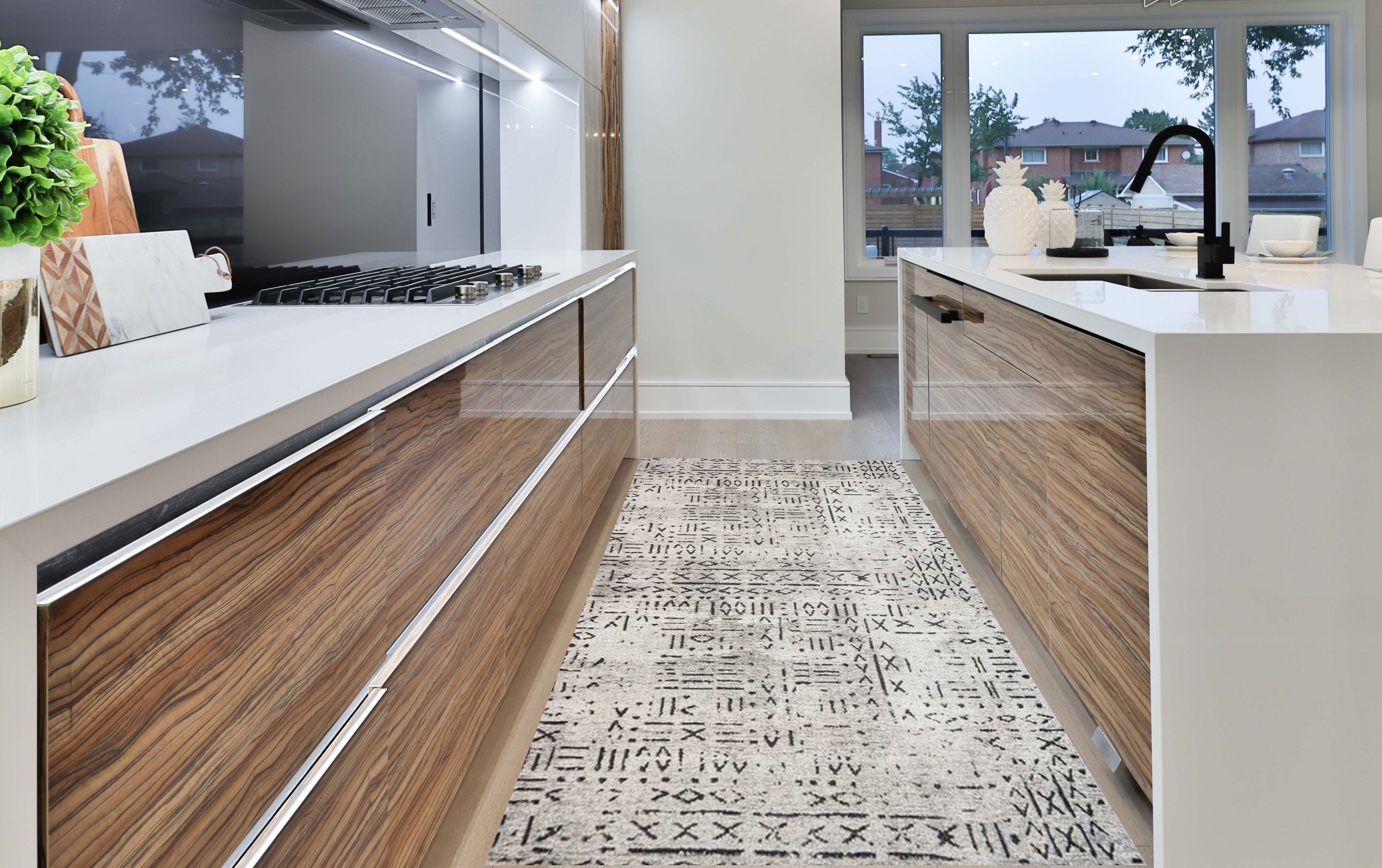 Küchenläufer Küchenteppich Aztek Design Grau Modern Läufer Teppichläufer 30°C