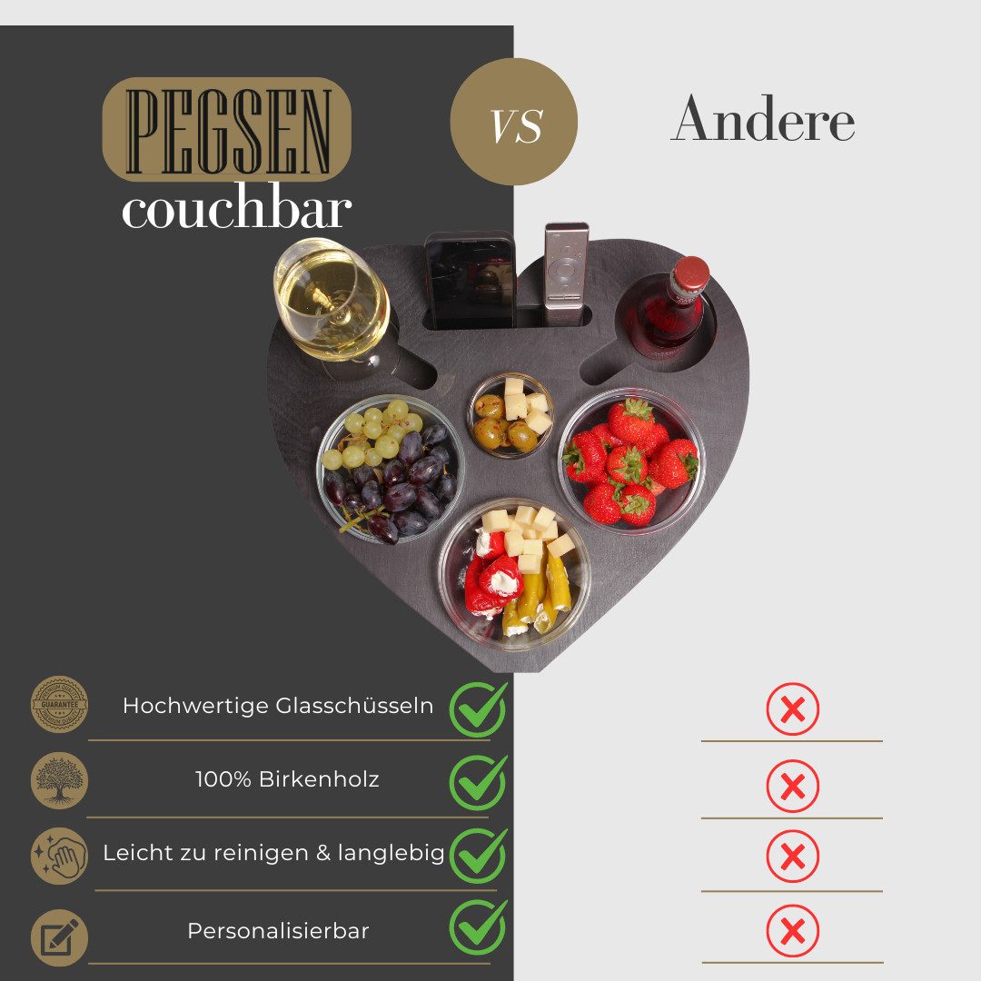 PEGSEN Servierplatte Couchbar Snackbox Herz mit 4 Snackschalen Sofa Tablett, Birkenholz, (lebensmittelechte Glasschalen), passend für Kaffeetassen, Weingläser & 0,5l Flaschen