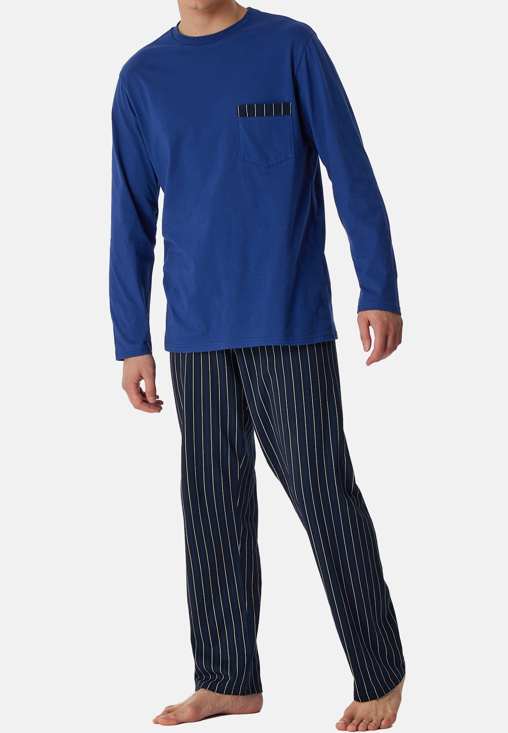Comfort Pyjama aufgesetzter Schiesser Schlafanzug - Organic mit Brusttasche (Set, Langarmshirt tlg) navy Baumwolle 2 Cotton - Nightwear