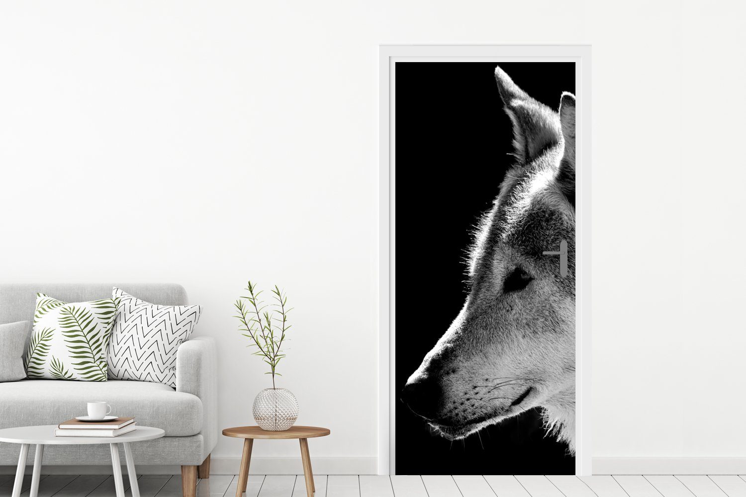 75x205 cm - St), MuchoWow Weiß, Matt, Tür, für Türtapete bedruckt, Schwarz Fototapete (1 Wildlife - Türaufkleber, - Wolf