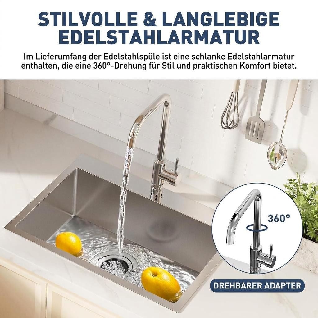 GarveeMore Küchenspüle Aufsatz‑Einbecken aus 304‑Edelstahl 16G, mit Ausziehhahn & Zubehör, schalldämpfend, für Küche‑Hauswirtschaftsraum, Spüle mit Ausziehhahn – Bild 3 von 5