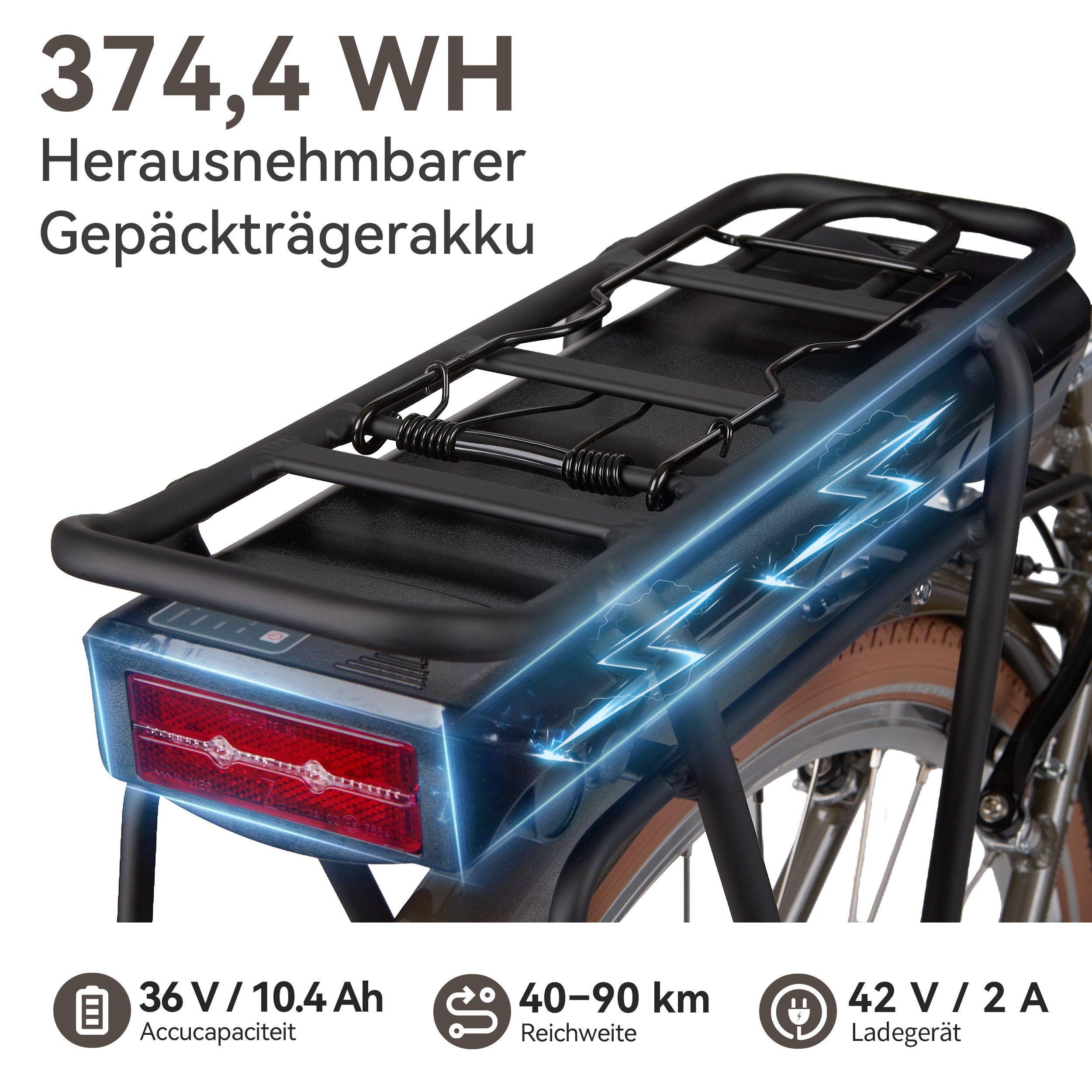 SAXXX E-Bike Cityrad 28 Zoll, bis zu 90km, Elektrofahrrad mit Tiefeinstieg, RH: 45 cm, 3 Gang Shimano Nexus Schaltwerk, Nabenschaltung, Frontmotor, 374 Wh, (max – Bild 3 von 5